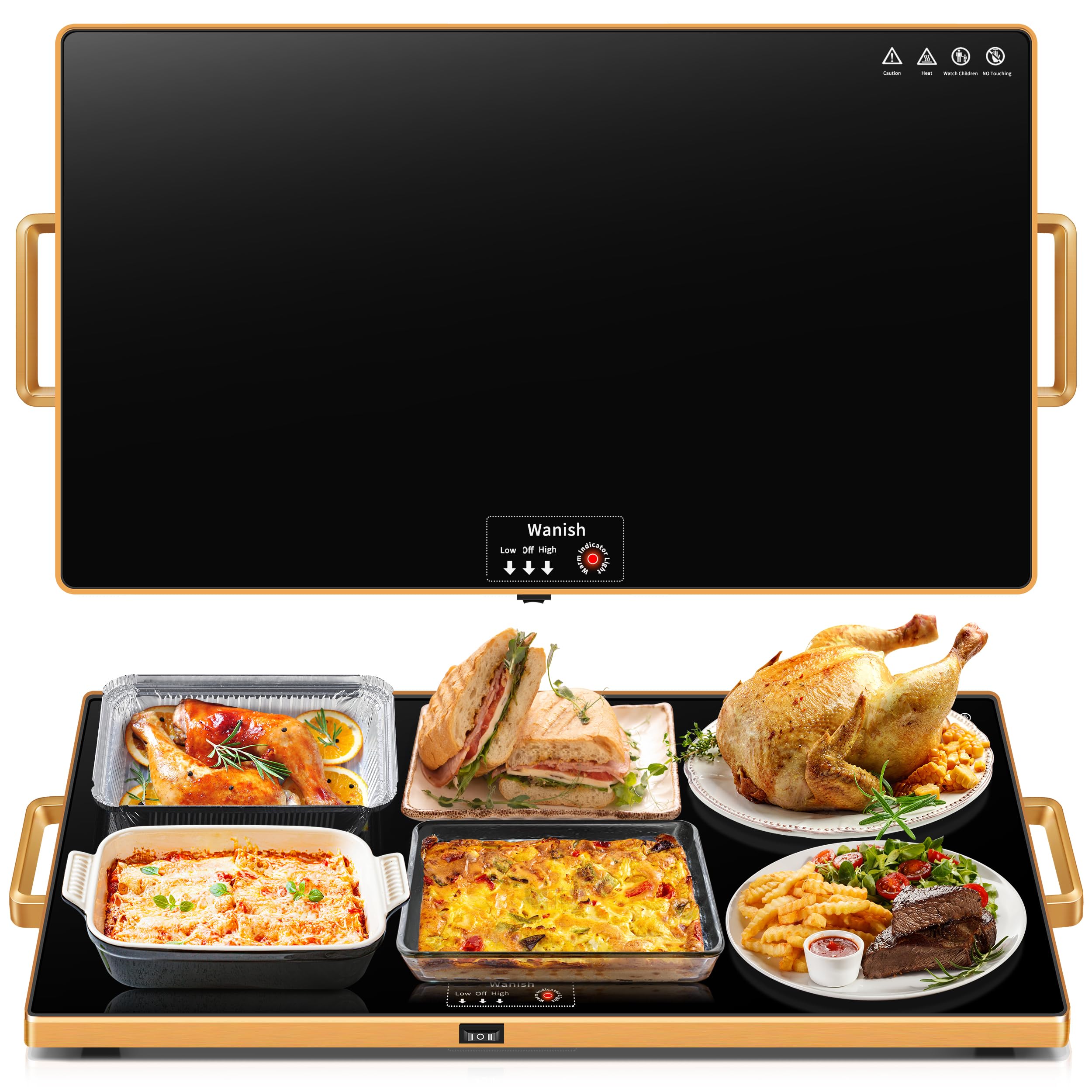 Electric Warming Tray (XXL 32”x18”)，Food Warmers for Parties Buffet with Thermostat & Full Surface Heating, Tempered Glass Warming Mat for Food, Temperature Adjustable Gold Handles Food Warming Mat