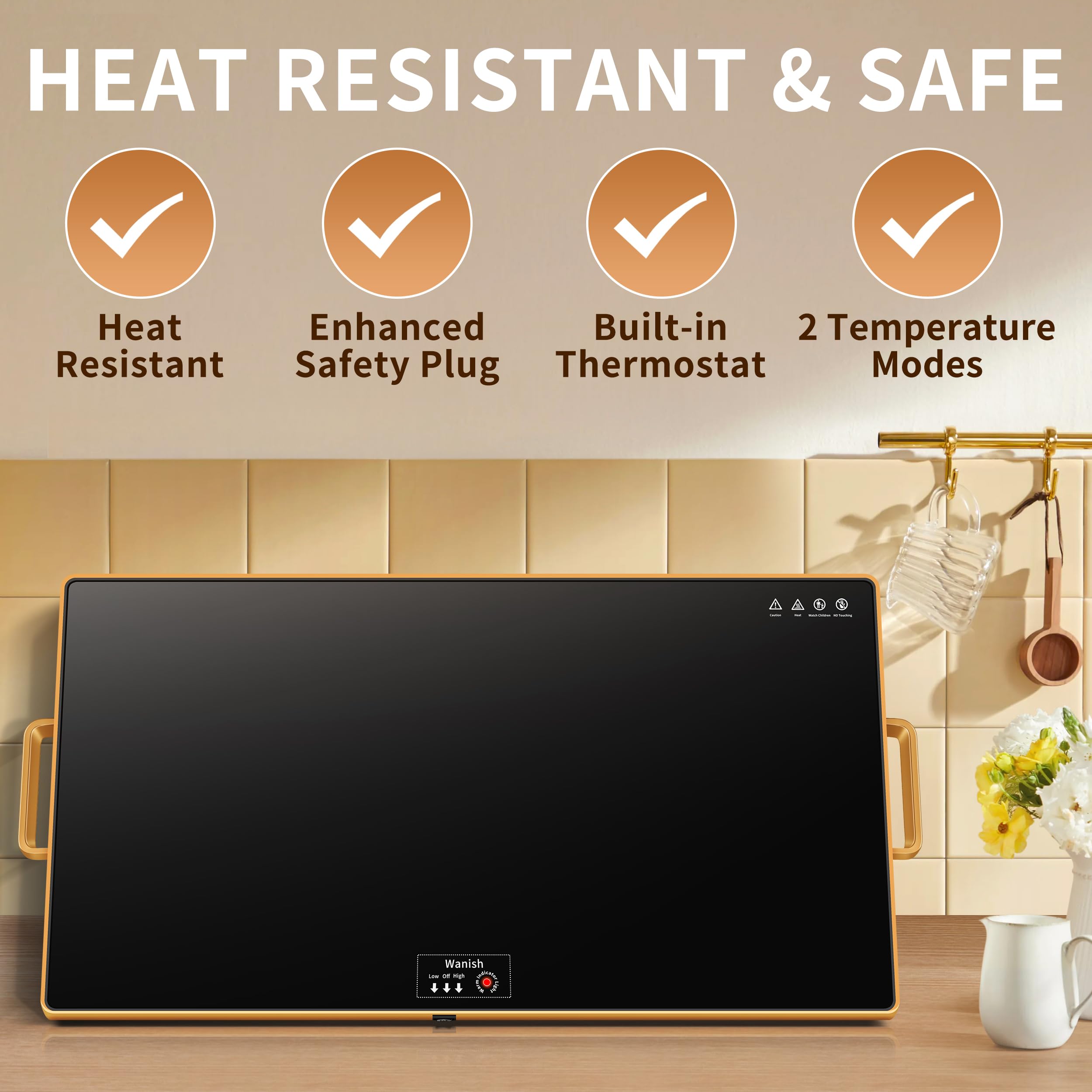 Electric Warming Tray (XXL 32”x18”)，Food Warmers for Parties Buffet with Thermostat & Full Surface Heating, Tempered Glass Warming Mat for Food, Temperature Adjustable Gold Handles Food Warming Mat