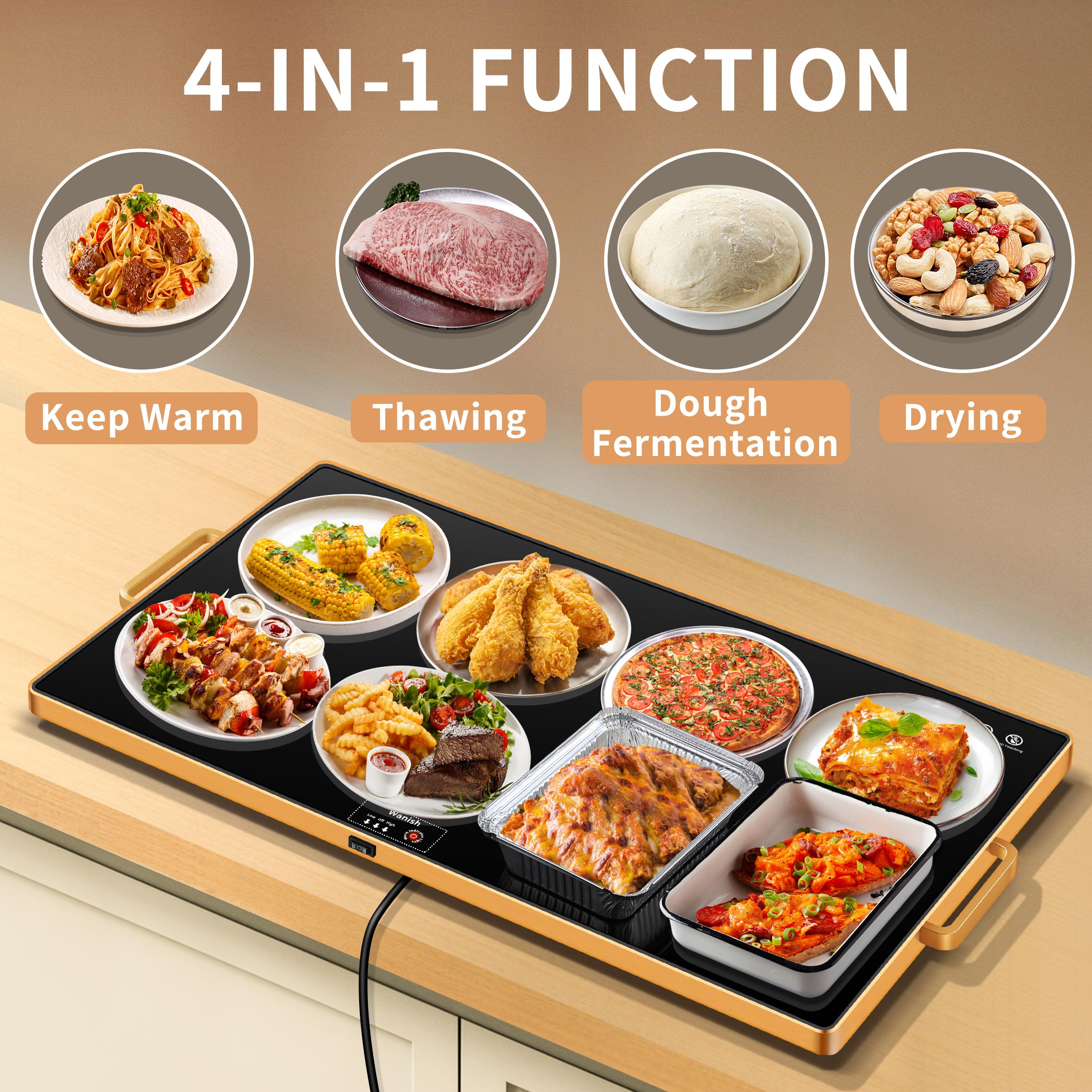 Electric Warming Tray (XXL 32”x18”)，Food Warmers for Parties Buffet with Thermostat & Full Surface Heating, Tempered Glass Warming Mat for Food, Temperature Adjustable Gold Handles Food Warming Mat