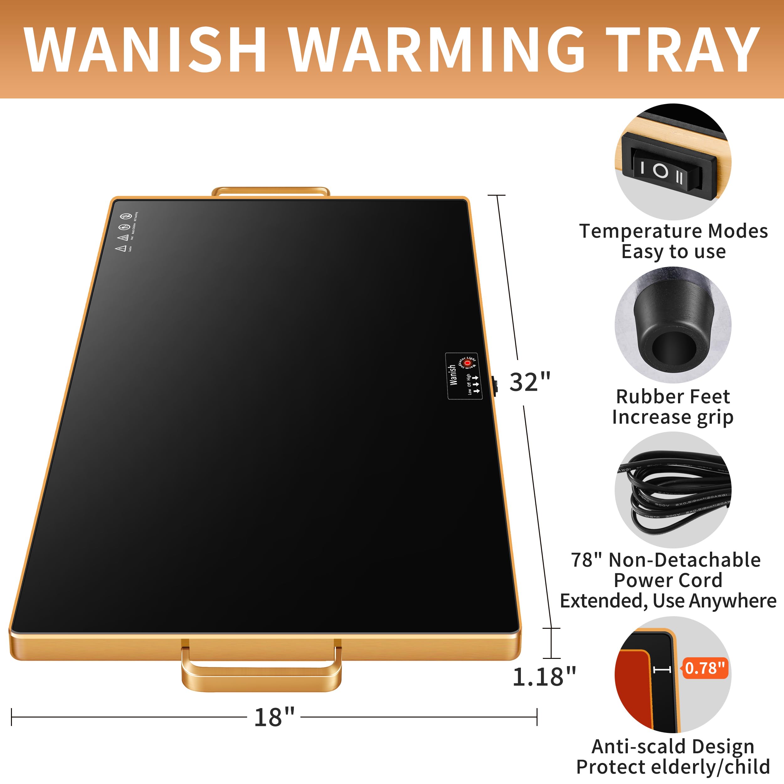 Electric Warming Tray (XXL 32”x18”)，Food Warmers for Parties Buffet with Thermostat & Full Surface Heating, Tempered Glass Warming Mat for Food, Temperature Adjustable Gold Handles Food Warming Mat