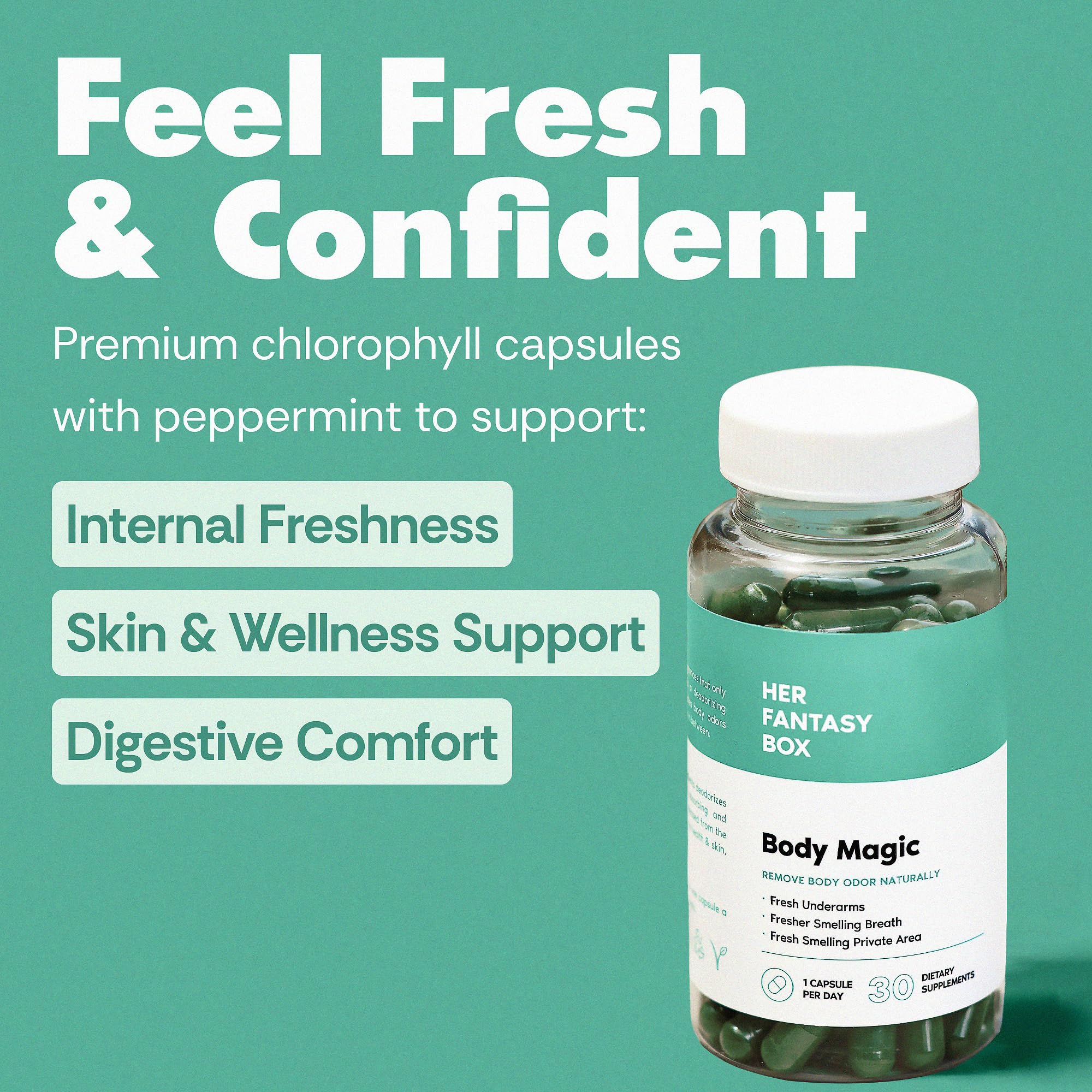 Her Fantasy Box | Body Magic | Chlorophyll Capsules – Vegan Detox & Digestion Support, Gut & Skin Health, Natural Energy Booster – 30 Capsules (200 mg)