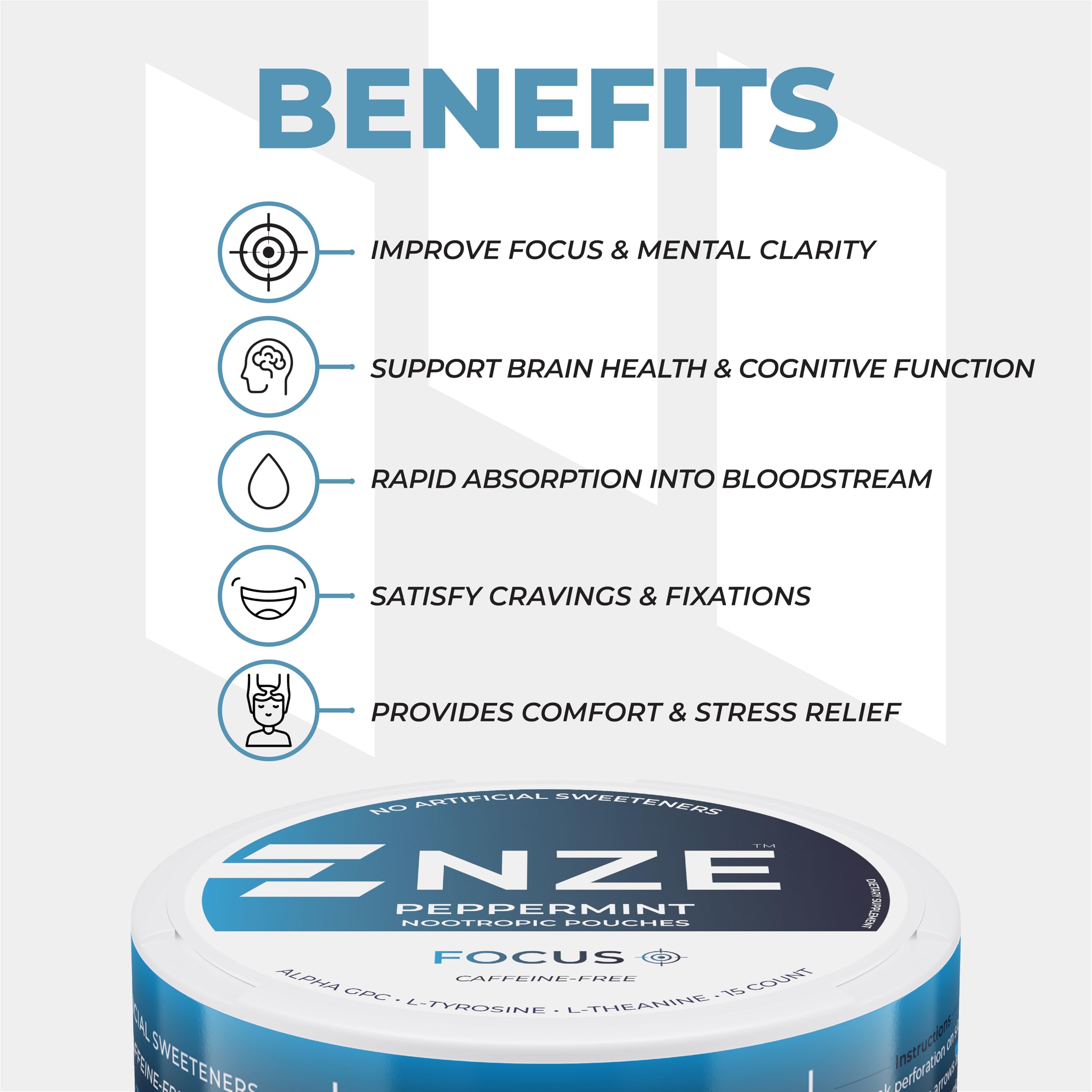 NZE Caffeine Free Nootropic Pouches (Peppermint) - Nootropic Pouches with Alpha GPC, L-Tyrosine & L-Theanine - No Sugar or Artificial Sweeteners - 15 Nicotine Free Pouches Per Can - 5 Pack