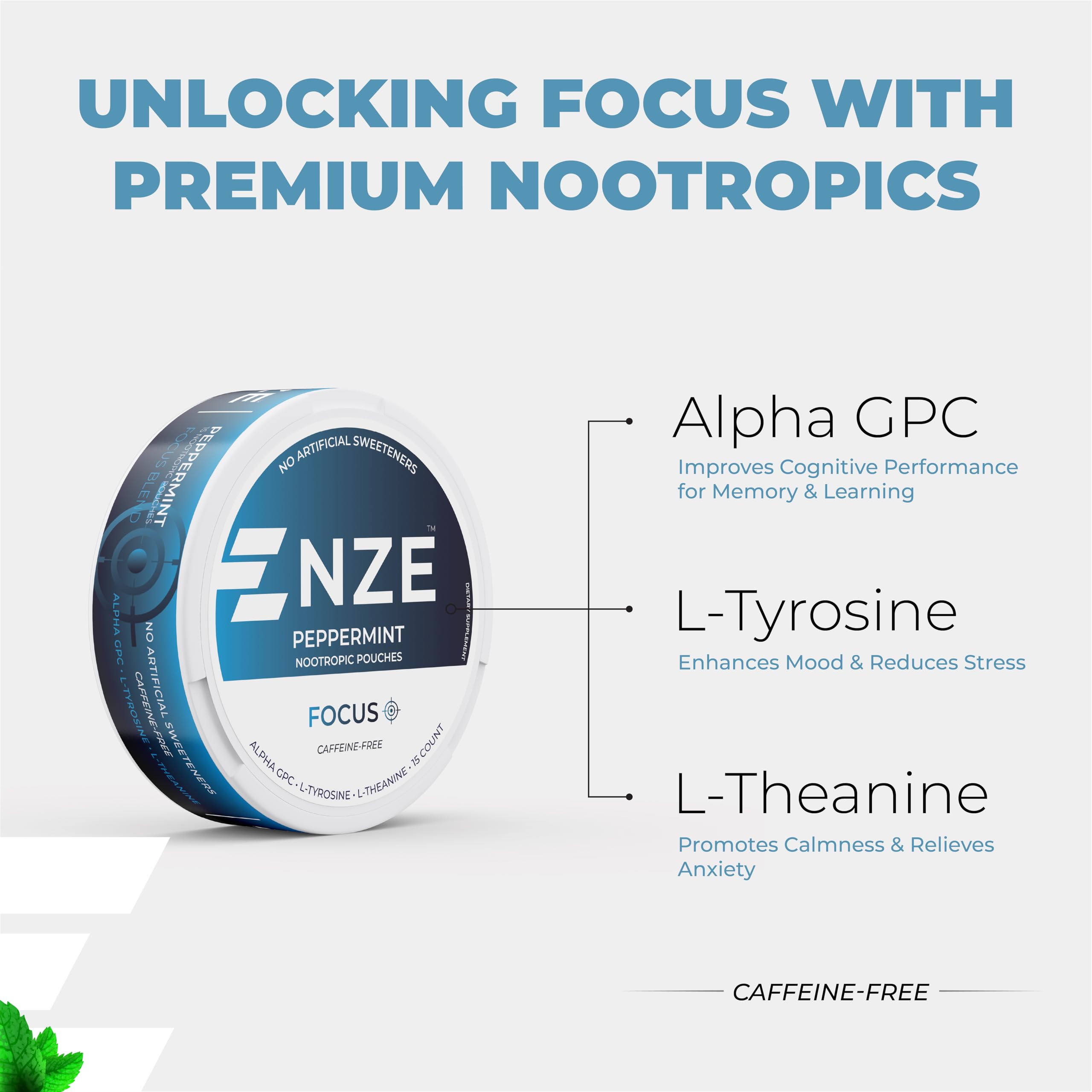 NZE Caffeine Free Nootropic Pouches (Peppermint) - Nootropic Pouches with Alpha GPC, L-Tyrosine & L-Theanine - No Sugar or Artificial Sweeteners - 15 Nicotine Free Pouches Per Can - 5 Pack