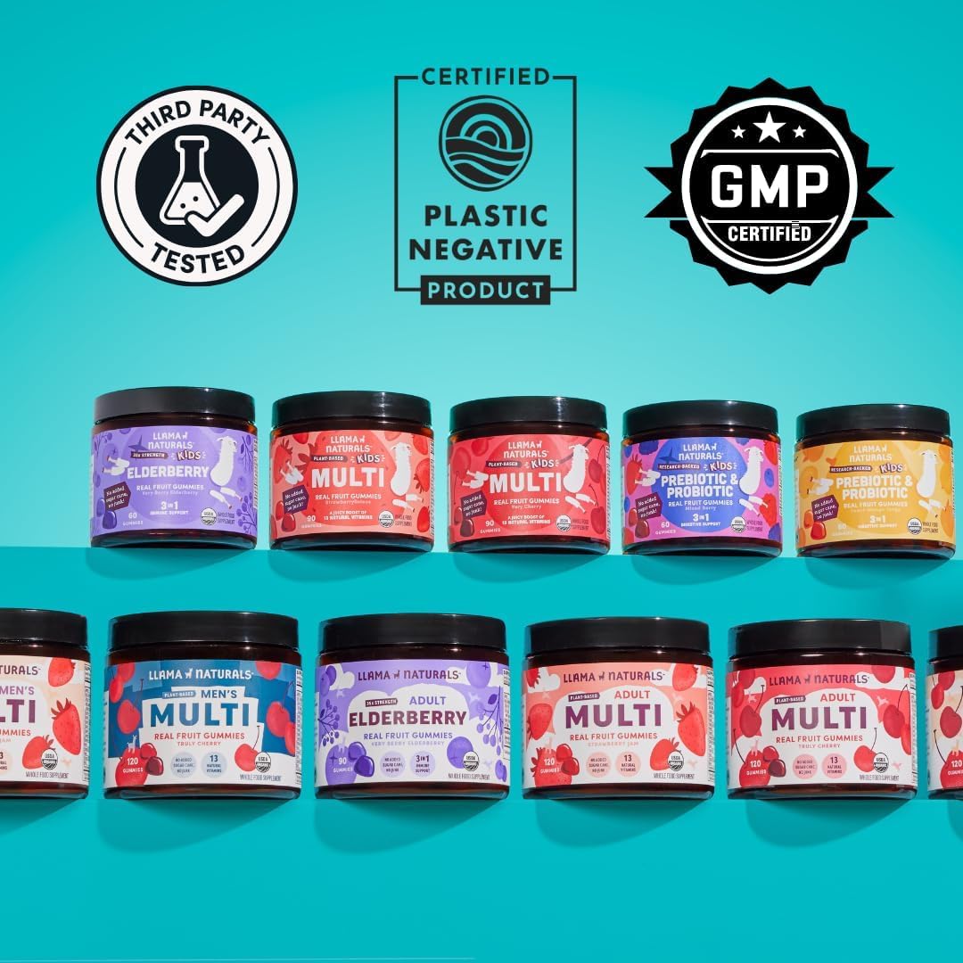 Llama Naturals Kids Multivitamin Gummies | Real Fruit, No Added Sugar Cane | Organic Vegan Toddler Whole Food Vitamins | Vitamin D, C & Beta Carotene Gummy Supplement | Cherry 90 Ct (1-2 Months)