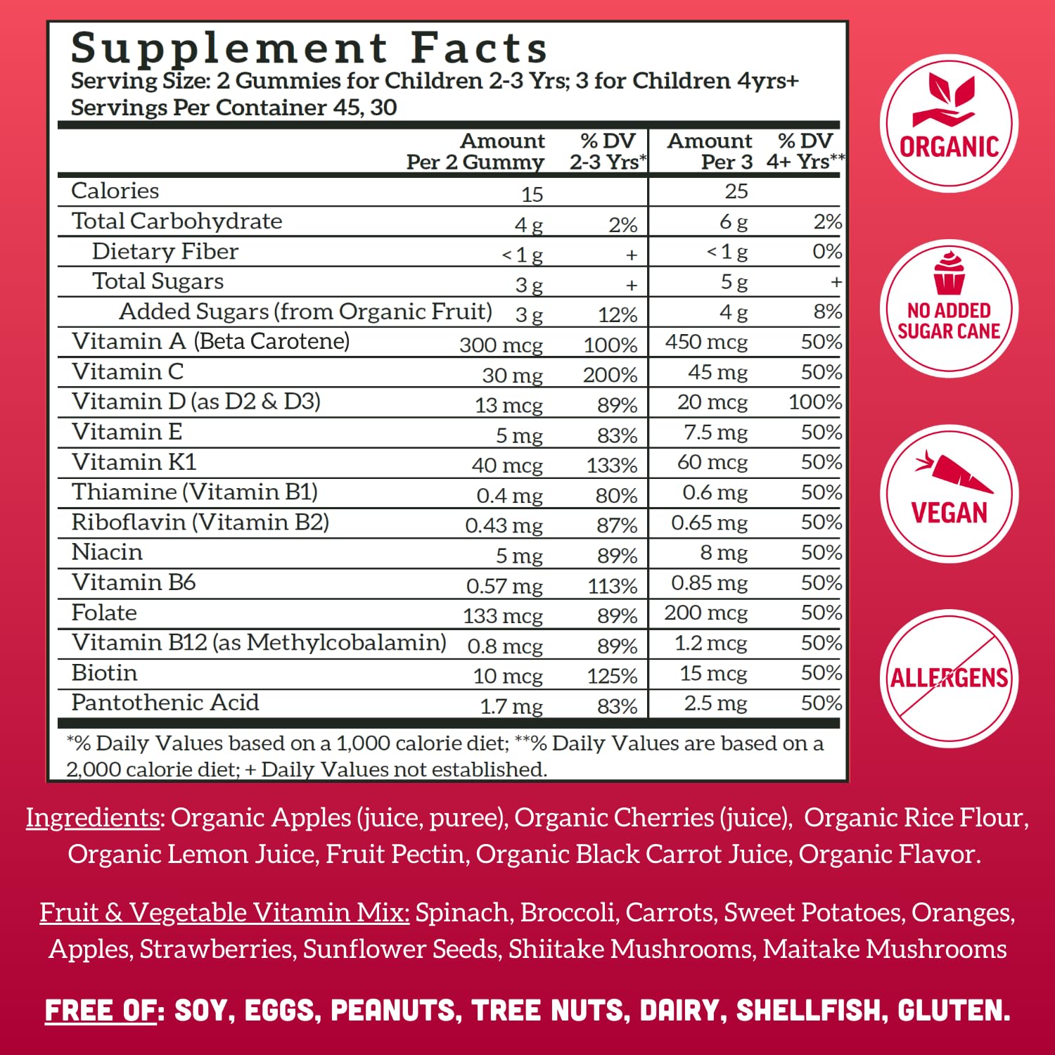 Llama Naturals Kids Multivitamin Gummies | Real Fruit, No Added Sugar Cane | Organic Vegan Toddler Whole Food Vitamins | Vitamin D, C & Beta Carotene Gummy Supplement | Cherry 90 Ct (1-2 Months)
