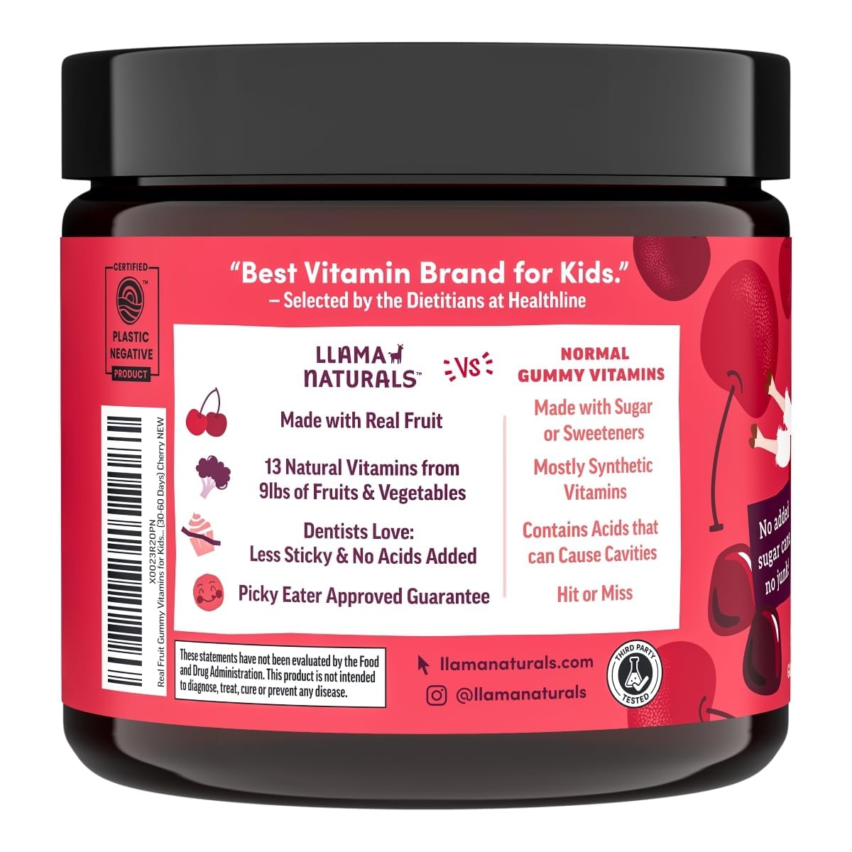 Llama Naturals Kids Multivitamin Gummies | Real Fruit, No Added Sugar Cane | Organic Vegan Toddler Whole Food Vitamins | Vitamin D, C & Beta Carotene Gummy Supplement | Cherry 90 Ct (1-2 Months)
