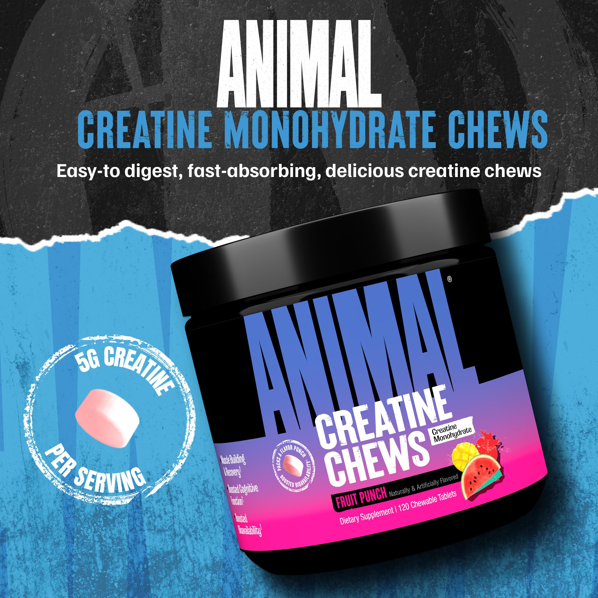 Animal Creatine Chews Tablets - Enhanced Creatine Monohydrate with AstraGin to Improve Absorption, Sea Salt for Added Pumps, Delicious and Convenient Chewable Tablets - Fruit Punch