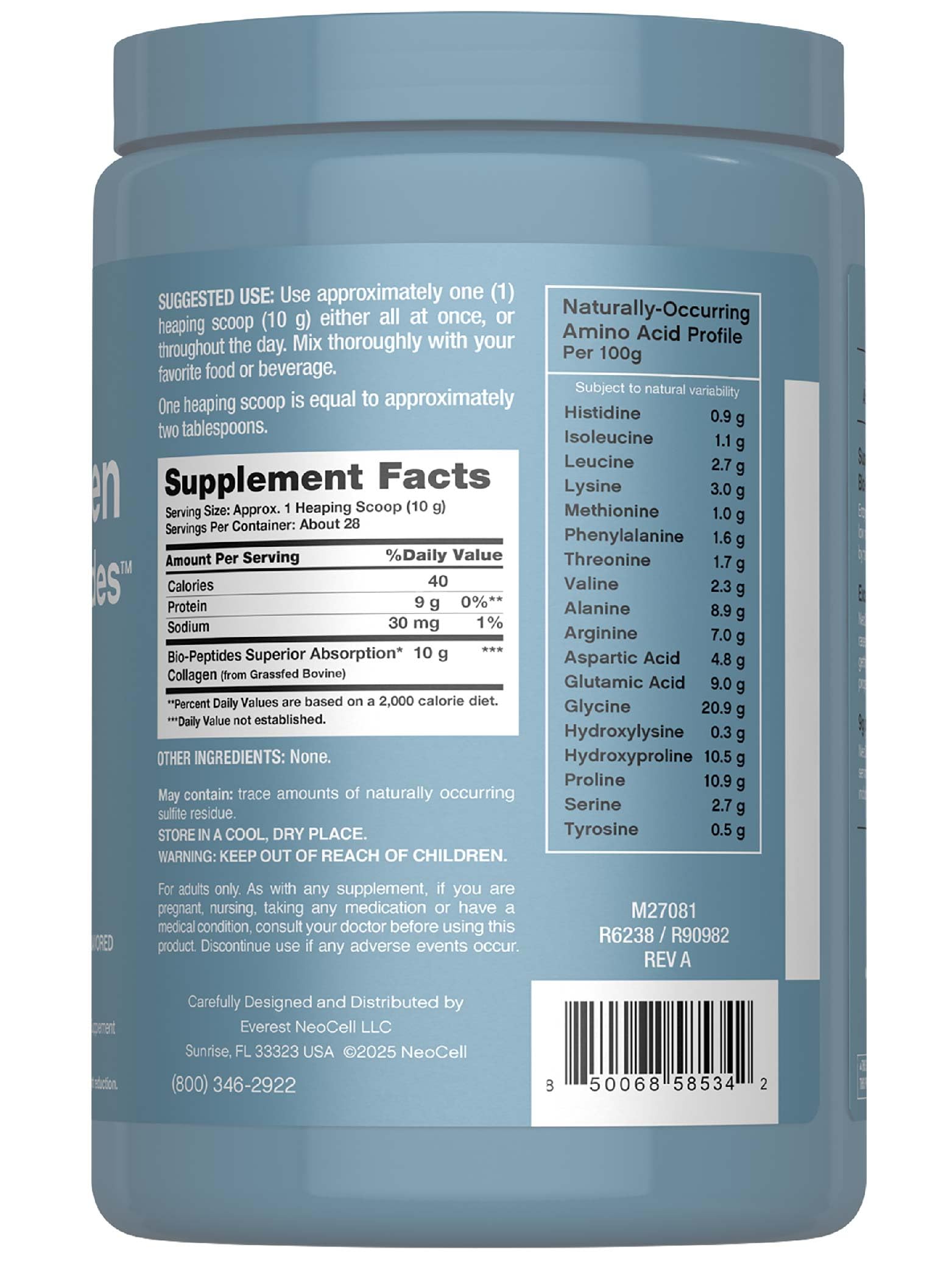 NeoCell Collagen Bio-Peptides Powder | 10oz | Super Hair, Skin, and Nails | Superior Absorption | Grassfed Protein Supplement | Advanced with 18 Essential Amino Acids