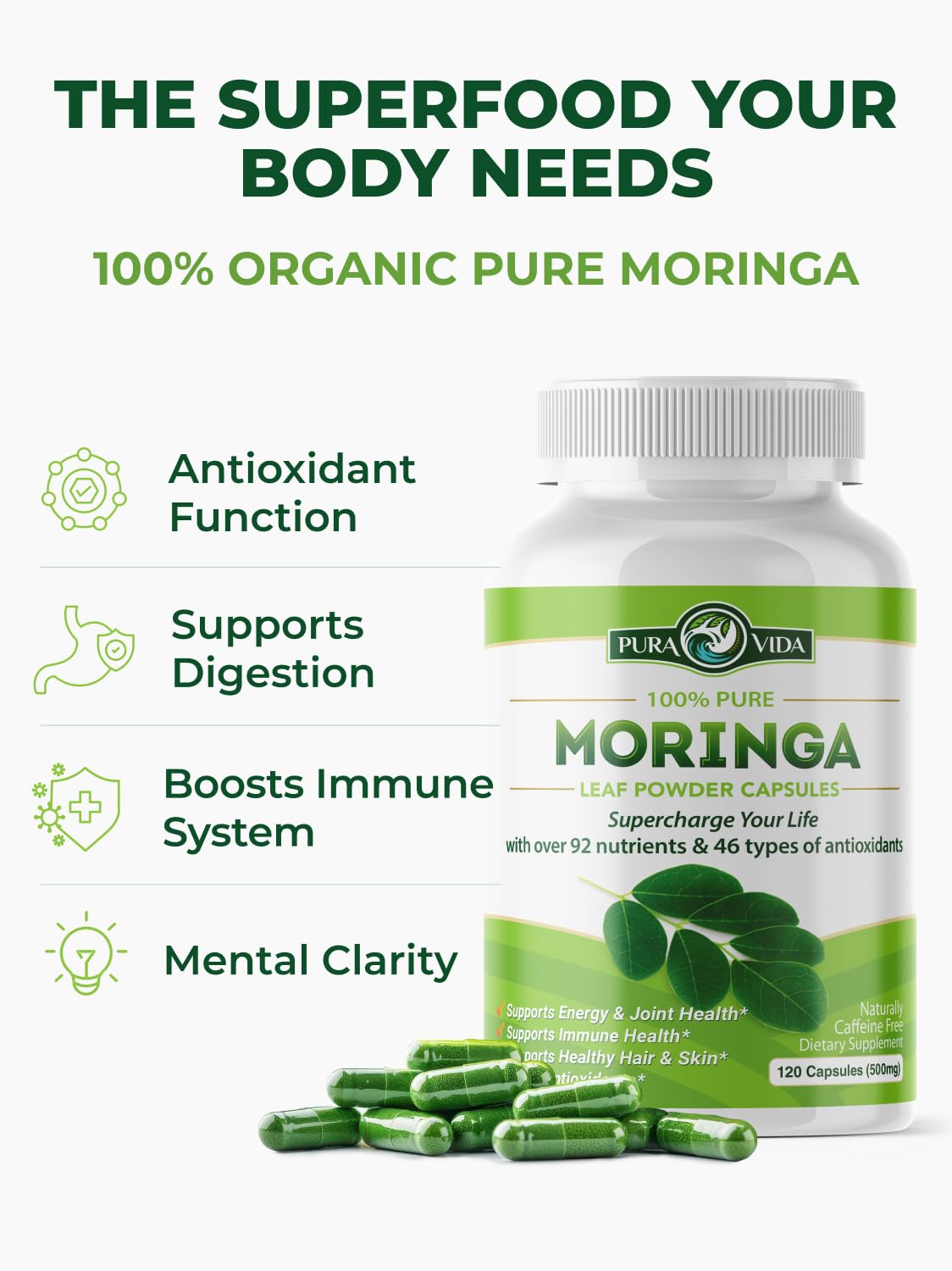 PURA VIDA MORINGA Organic Moringa Capsules, Pure Moringa Leaf Powder Single Origin for Energy, Metabolism & Immune Support, 120ct, 500mg Caps