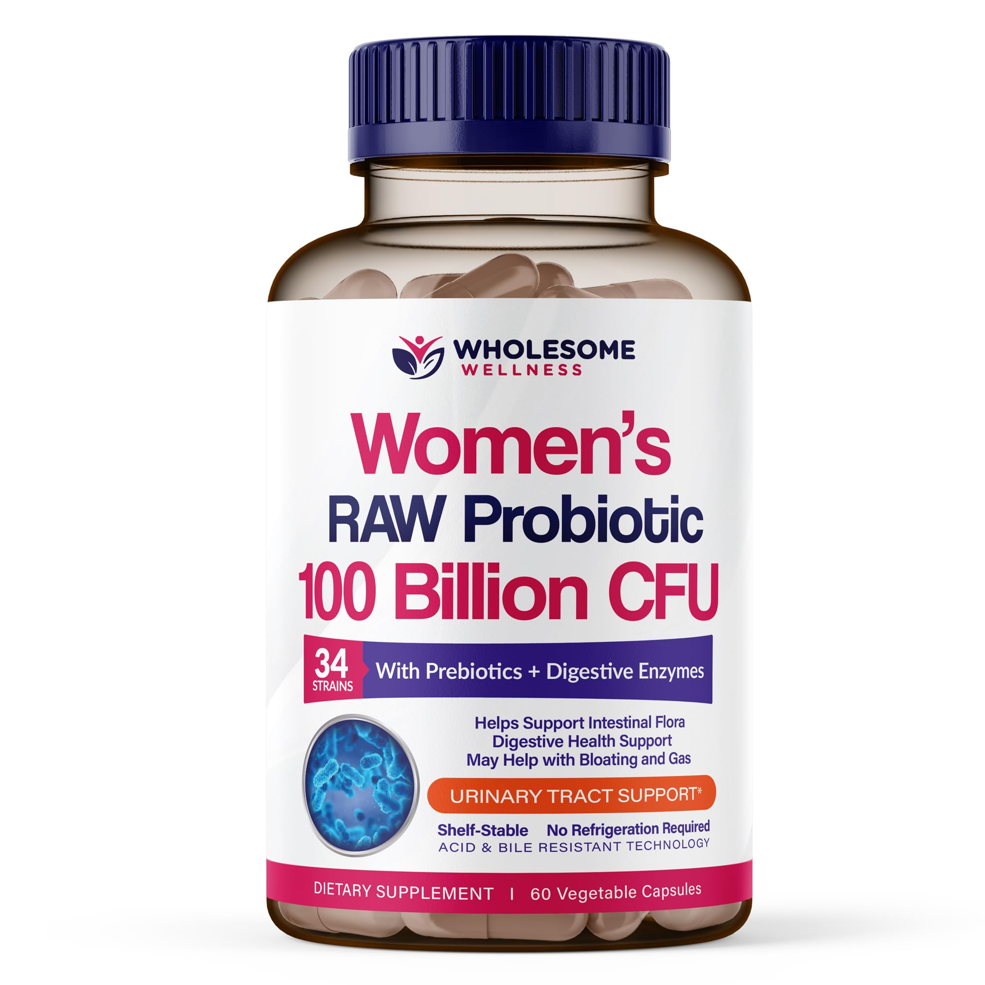 Wholesome Wellness Dr. Formulated Raw Probiotics for Women 100 Billion CFUs Capsules with Prebiotics, Digestive Enzymes, Approved for Adults, Shelf Stable Supplement