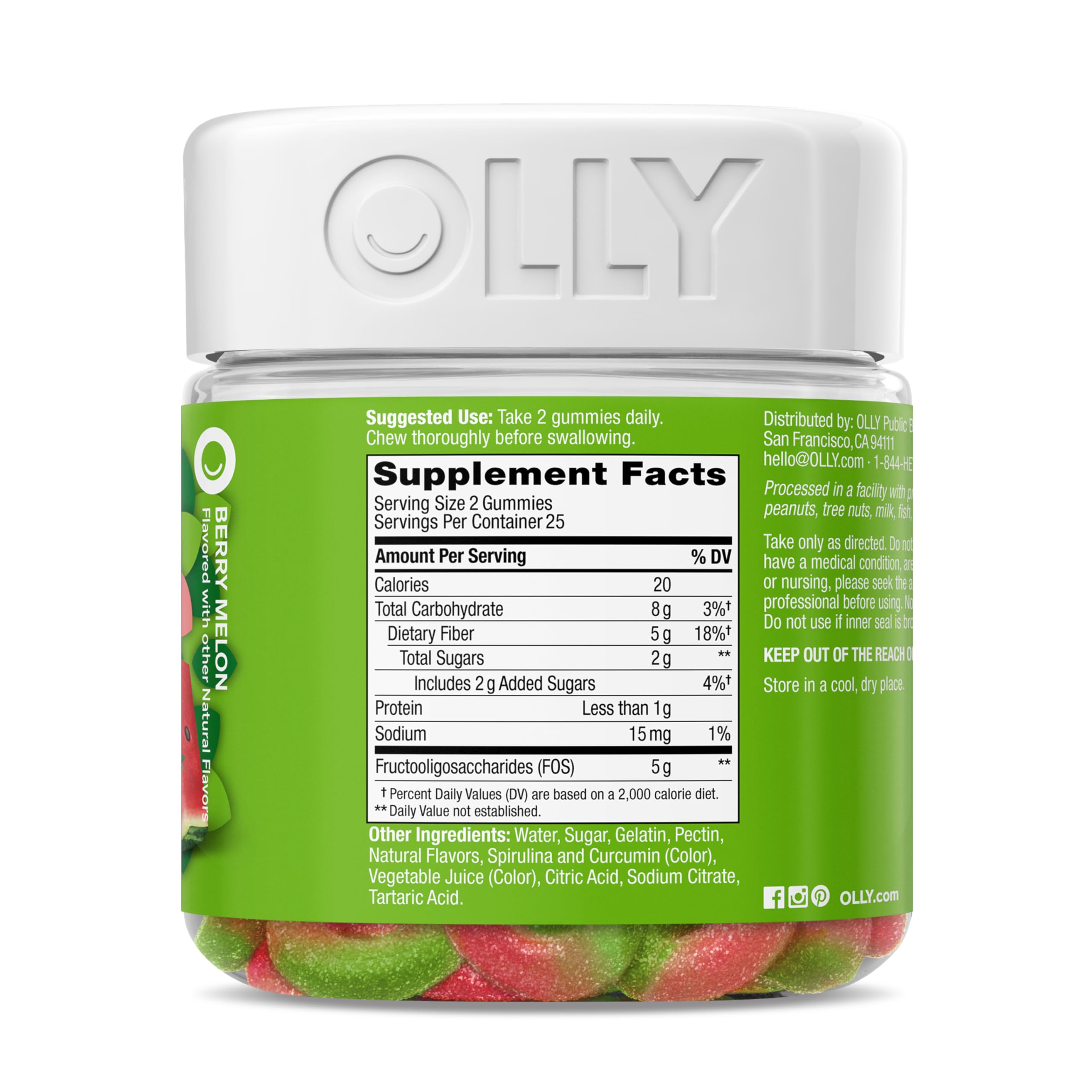OLLY Fiber Gummy Rings, 5g Prebiotic Fiber, FOS (Fructo-oligosaccharides), Digestive Support, Berry Melon 50ct
