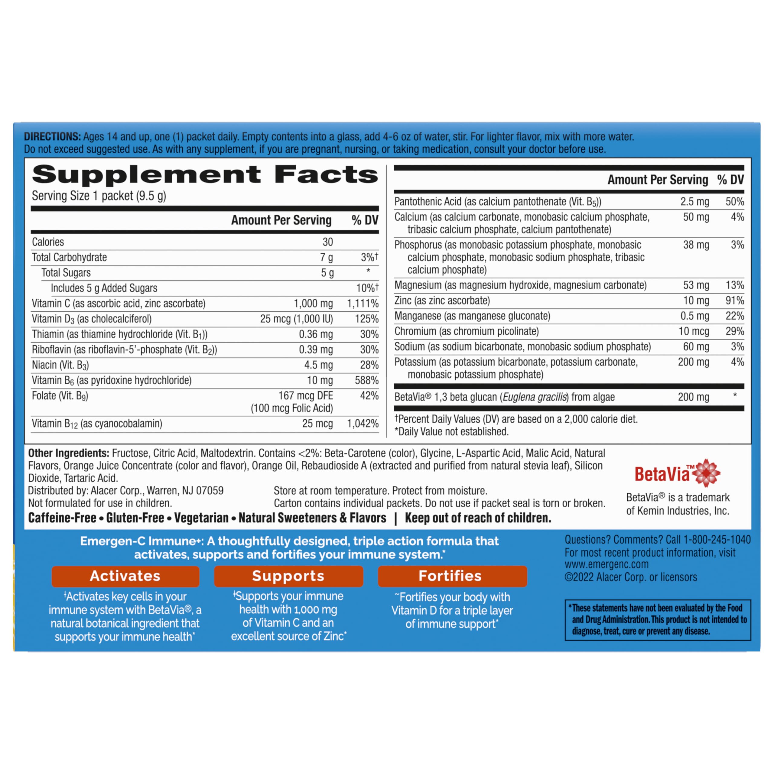 Emergen-C Immune+ Triple Action Immune Support Powder, BetaVia (R), 1000mg Vitamin C, B Vitamins, Vitamin D and Antioxidants, Super Orange – 30 Count