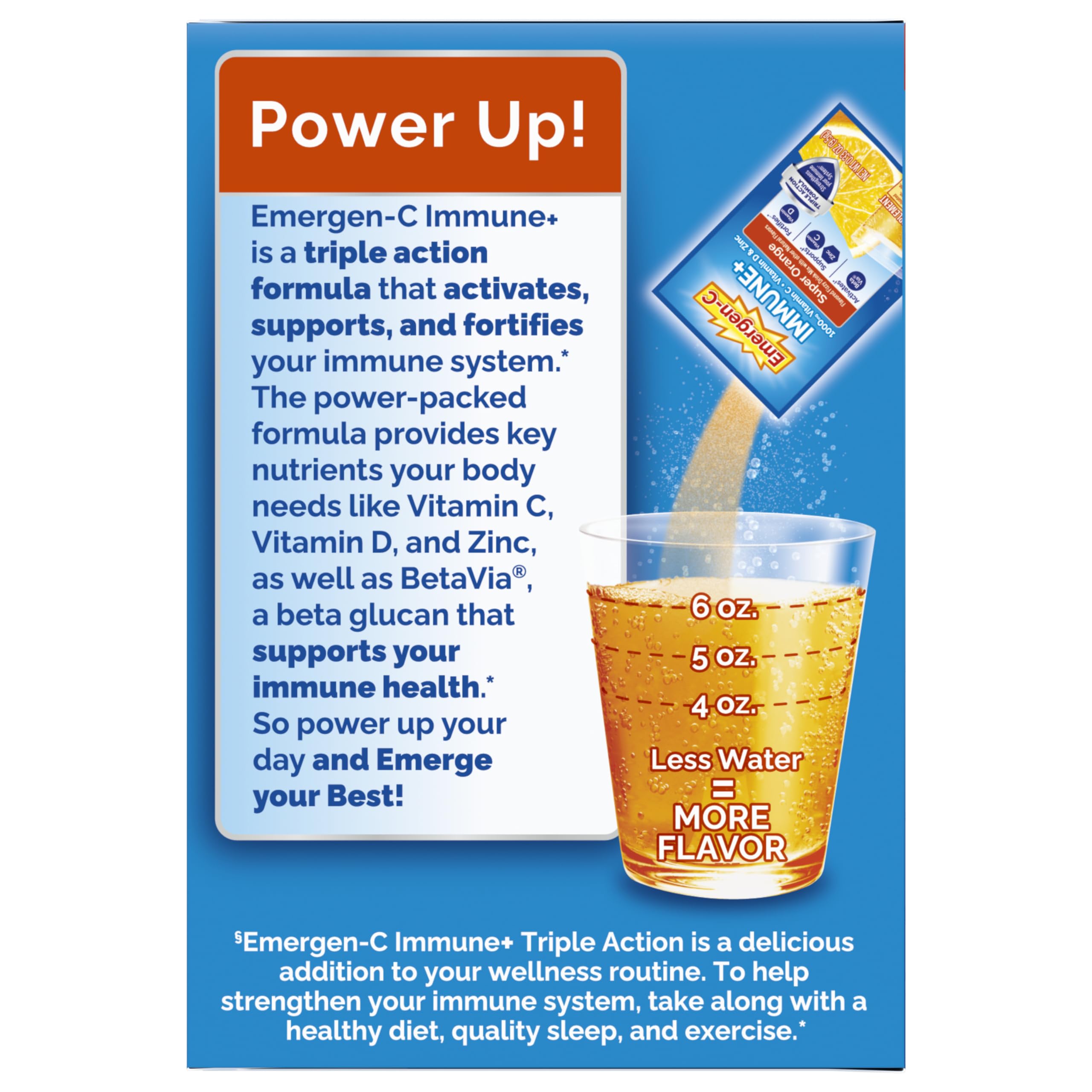 Emergen-C Immune+ Triple Action Immune Support Powder, BetaVia (R), 1000mg Vitamin C, B Vitamins, Vitamin D and Antioxidants, Super Orange – 30 Count