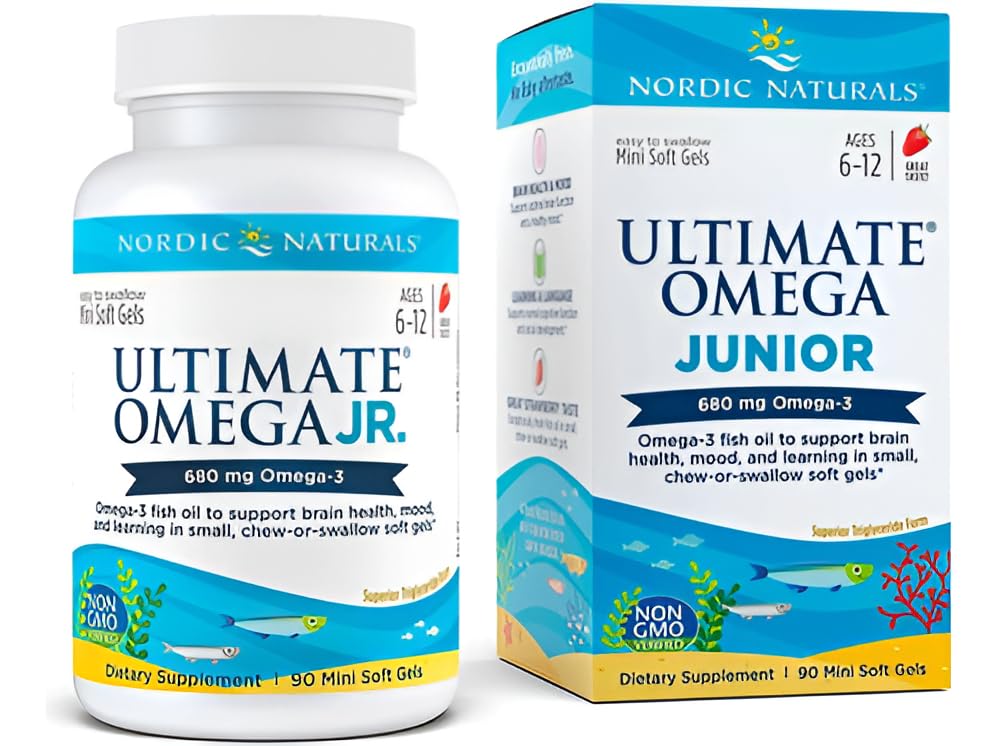 Nordic Naturals Ultimate Omega Jr., Strawberry - 90 Mini Soft Gels - 680 Total Omega-3s with EPA & DHA - Brain Health, Mood, Learning - Non-GMO - 45 Servings