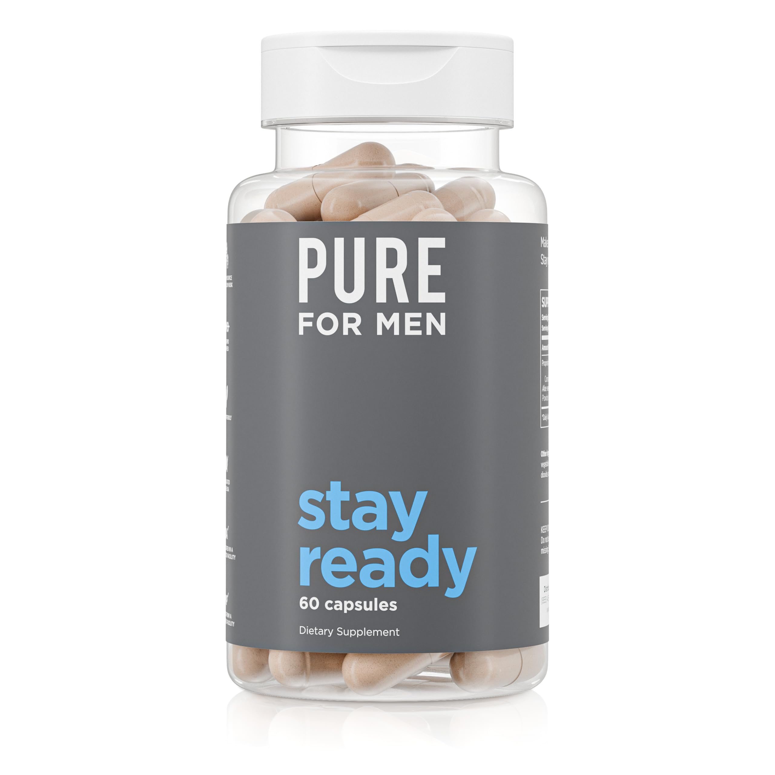 Pure for Men Original Cleanliness Stay Ready Fiber Supplement | Helps Promote Digestive Regularity | Psyllium Husk, Aloe Vera, Chia Seeds, Flaxseeds | Proprietary Formula | 60 Vegan Capsules