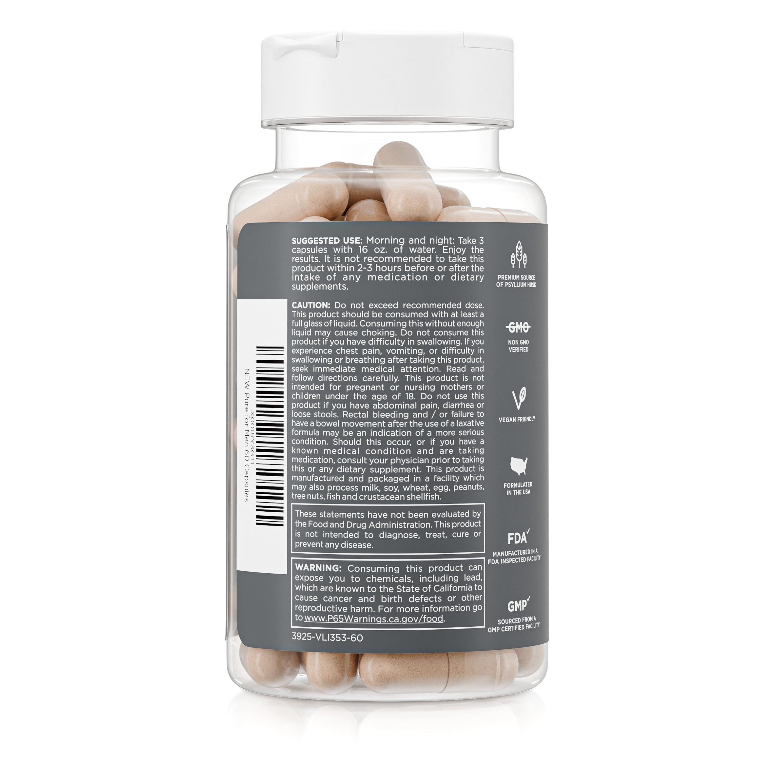 Pure for Men Original Cleanliness Stay Ready Fiber Supplement | Helps Promote Digestive Regularity | Psyllium Husk, Aloe Vera, Chia Seeds, Flaxseeds | Proprietary Formula | 60 Vegan Capsules