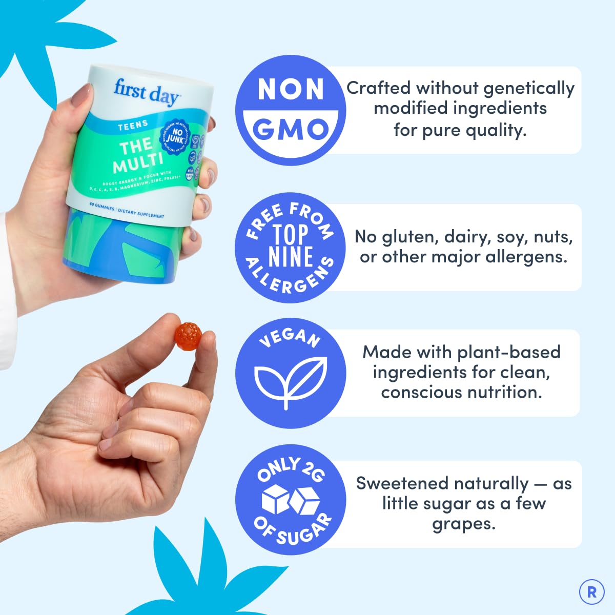 FIRST DAY Vitamins for Teens - Teen Multi Vitamins for Girls & Boys 12-17, Organic Fruit & Veggie Blend - 12 Key Nutrients: Vitamins A, B1, B2, B6, B9, B12, C, D3, E, K2-30 Day Supply