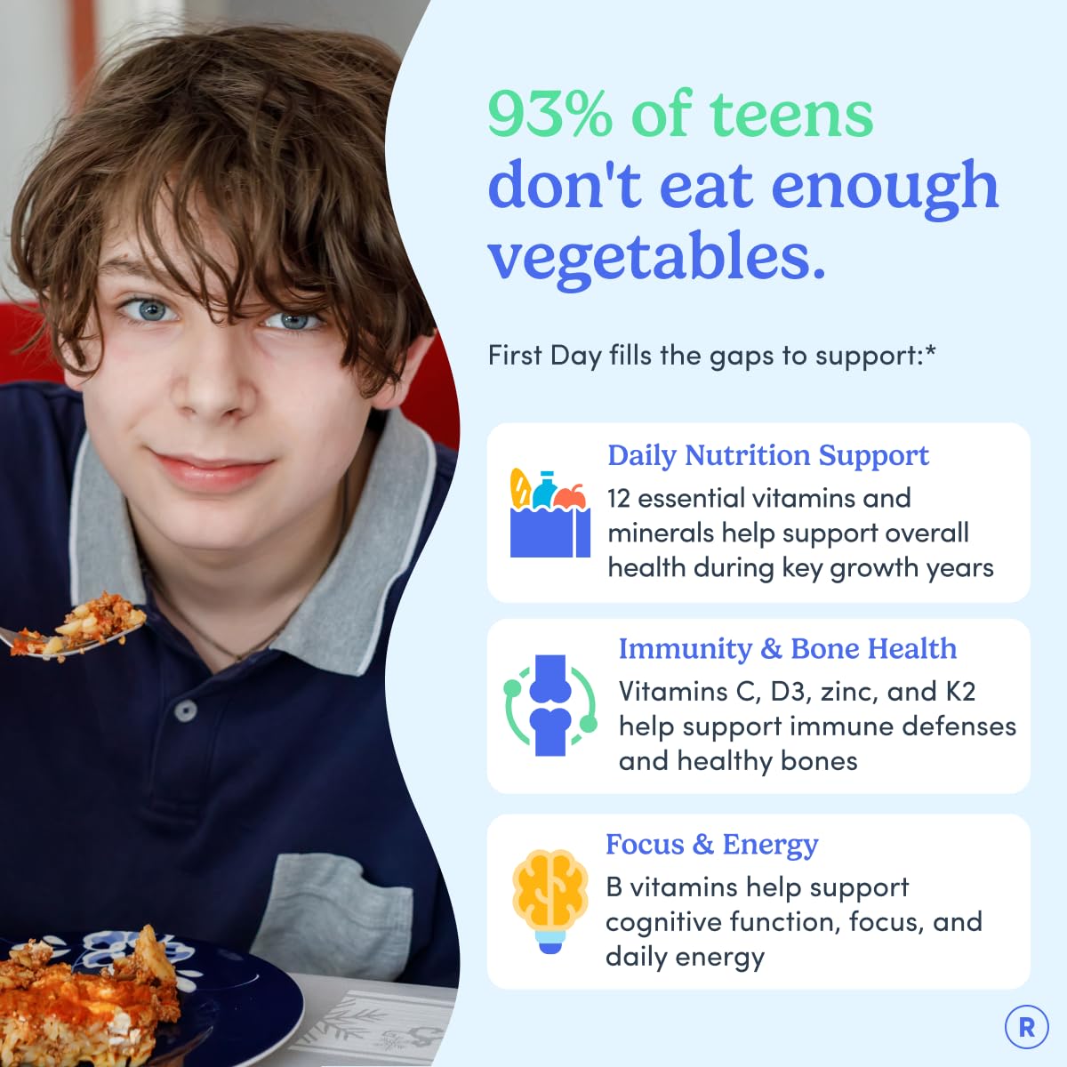 FIRST DAY Vitamins for Teens - Teen Multi Vitamins for Girls & Boys 12-17, Organic Fruit & Veggie Blend - 12 Key Nutrients: Vitamins A, B1, B2, B6, B9, B12, C, D3, E, K2-30 Day Supply