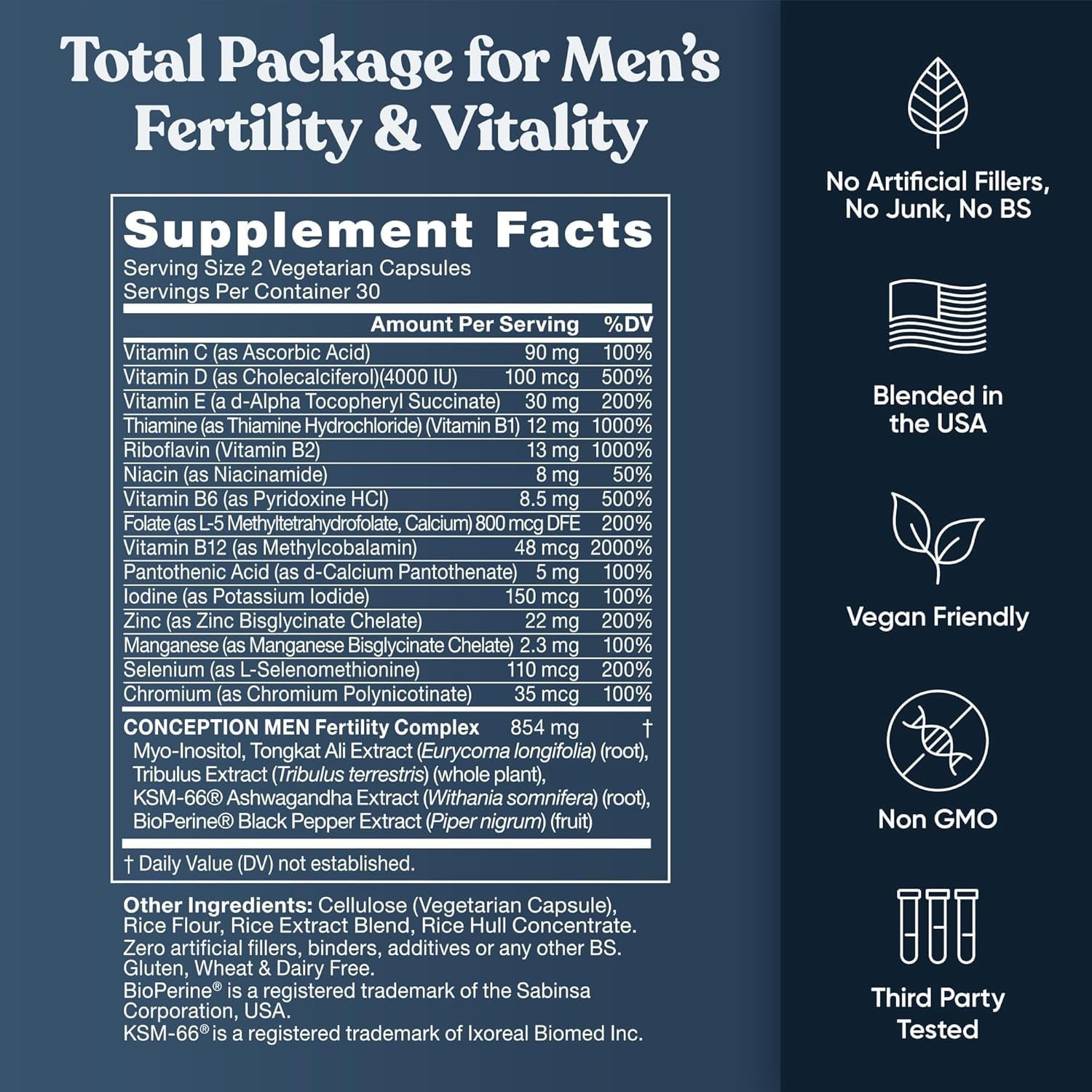 Eu Natural Conception for Him - Male Fertility Supplements with Ashwagandha, Folate & Zinc - Sperm Count, Motility & Strength Support - Fertility Support for Men, 120 Vegetarian Capsules