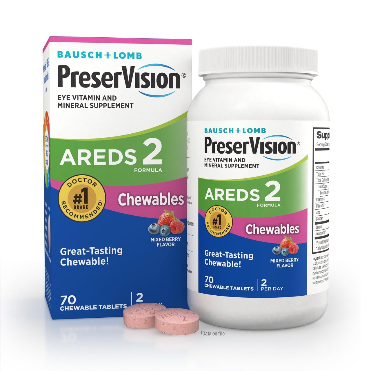 PreserVision AREDS 2 Eye Vitamins, #1 Eye Doctor Recommended Brand, Chewable Lutein and Zeaxanthin Supplement with Vitamin C, Vitamin E,Zinc, and Copper, Mixed Berry, 70 Tablets