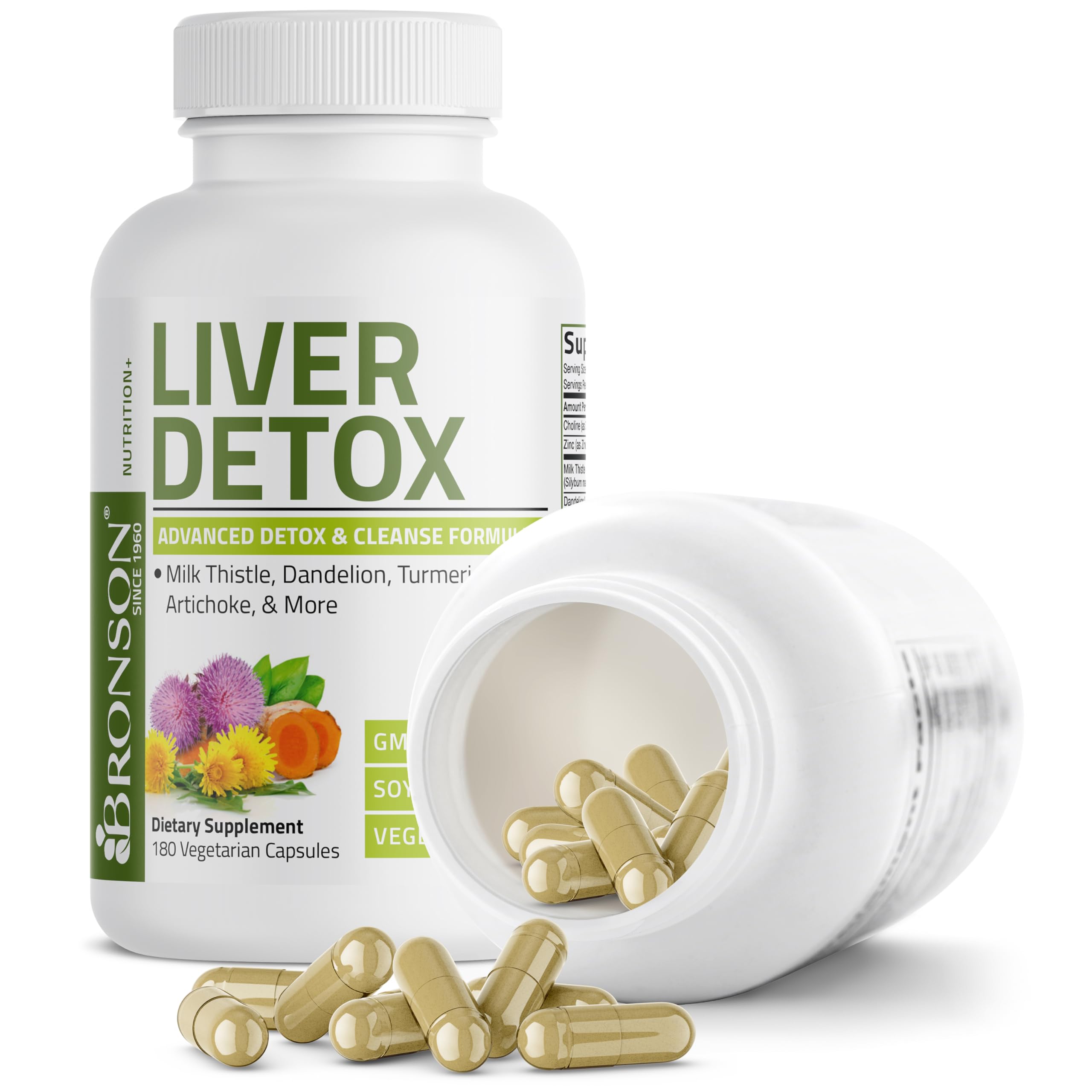 Bronson Liver Detox Advanced Detox & Cleansing Formula Supports Health Liver Function with Milk Thistle, Dandelion Extract, Turmeric, Artichoke Leaf & More, Non-GMO, 180 Vegetarian Capsules