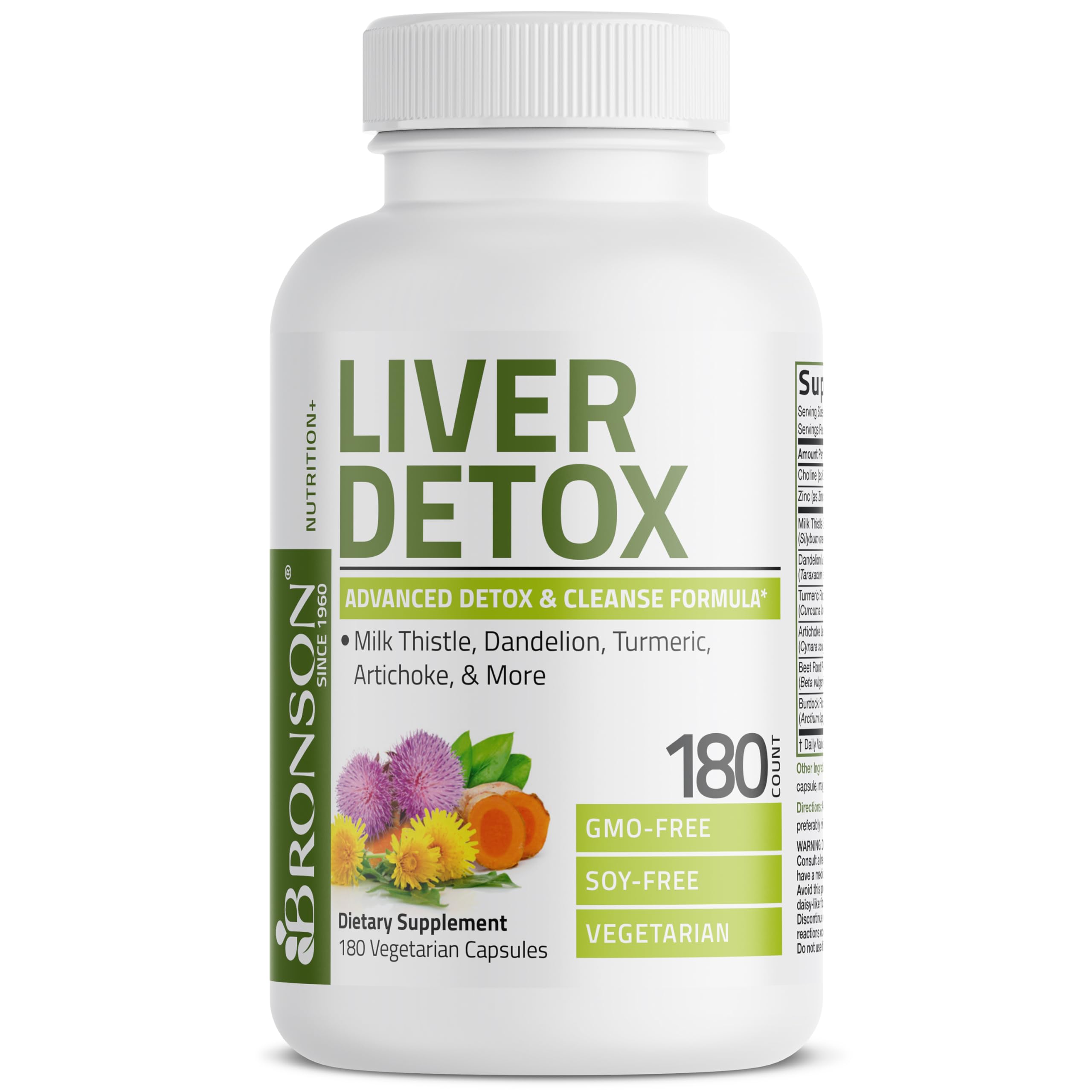 Bronson Liver Detox Advanced Detox & Cleansing Formula Supports Health Liver Function with Milk Thistle, Dandelion Extract, Turmeric, Artichoke Leaf & More, Non-GMO, 180 Vegetarian Capsules