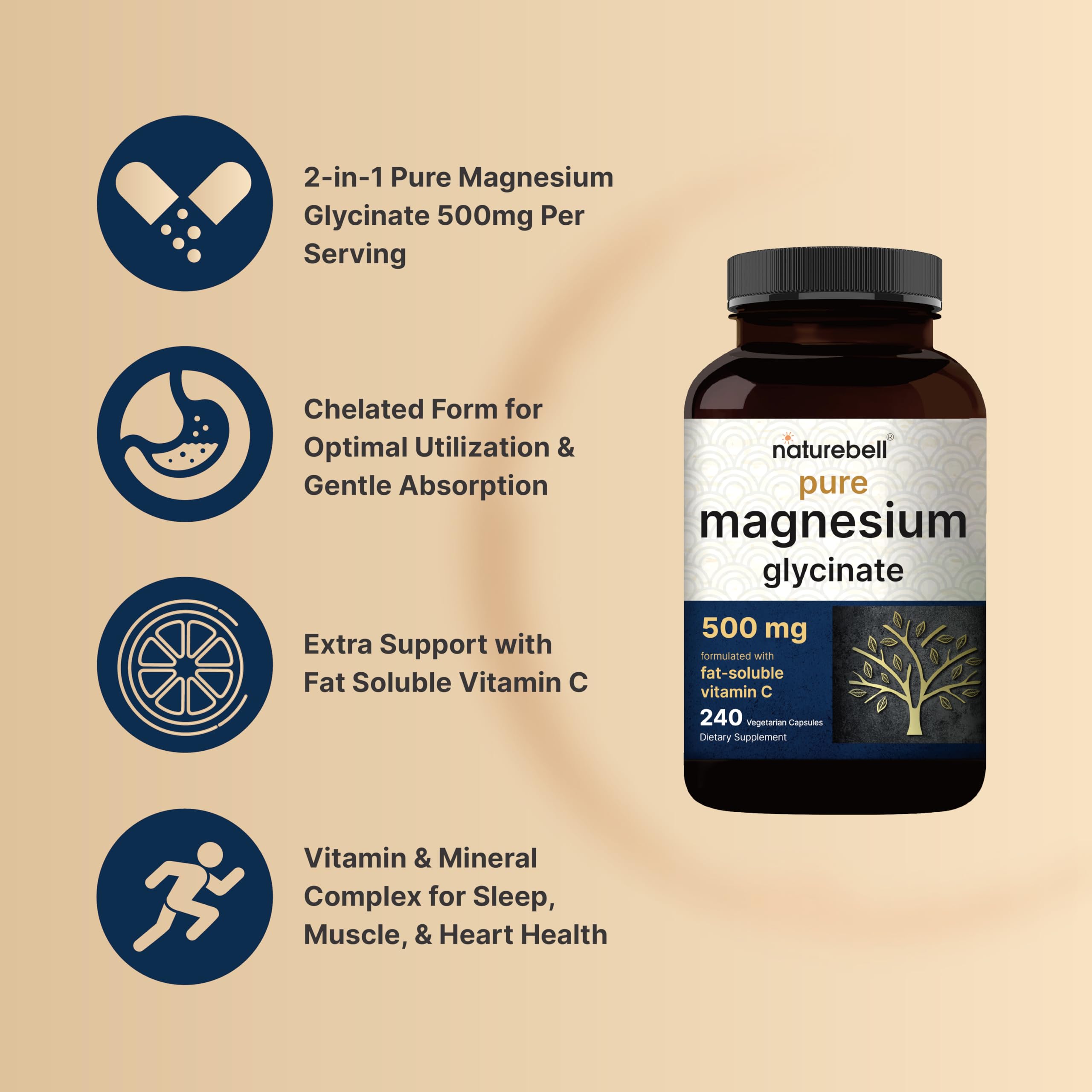Naturebell Pure Magnesium Glycinate 500mg, 240 Veggie Capsules | 100% Chelated & Purified – 3rd Party Tested, Vegan Friendly, Non-GMO