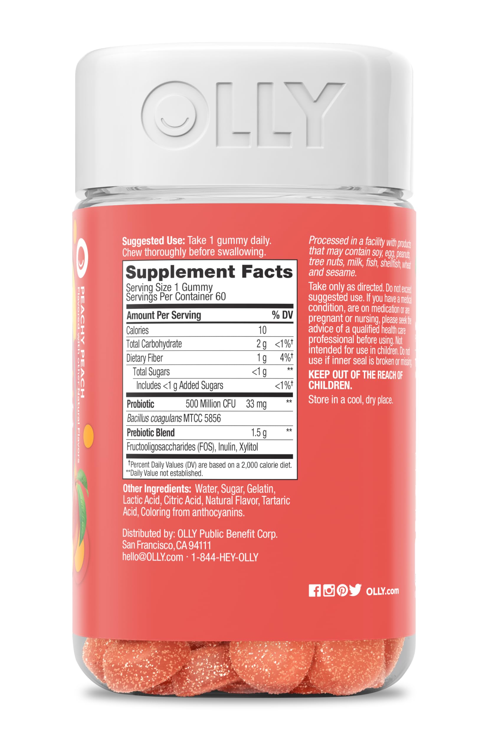 OLLY Probiotic + Prebiotic Gummy,Digestive Support and Gut Health,500 Million CFUs,Fiber,Adult Chewable Supplement for Men and Women,Peach,60 Day Supply -,60 Count (Pack of 2)