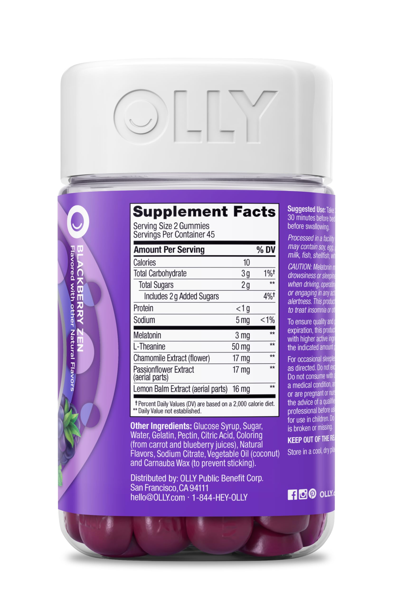 OLLY Sleep Gummy, 3mg Melatonin, L-Theanine, Chamomile, Lemon Balm, Sleep Aid, BlackBerry, 90 Count