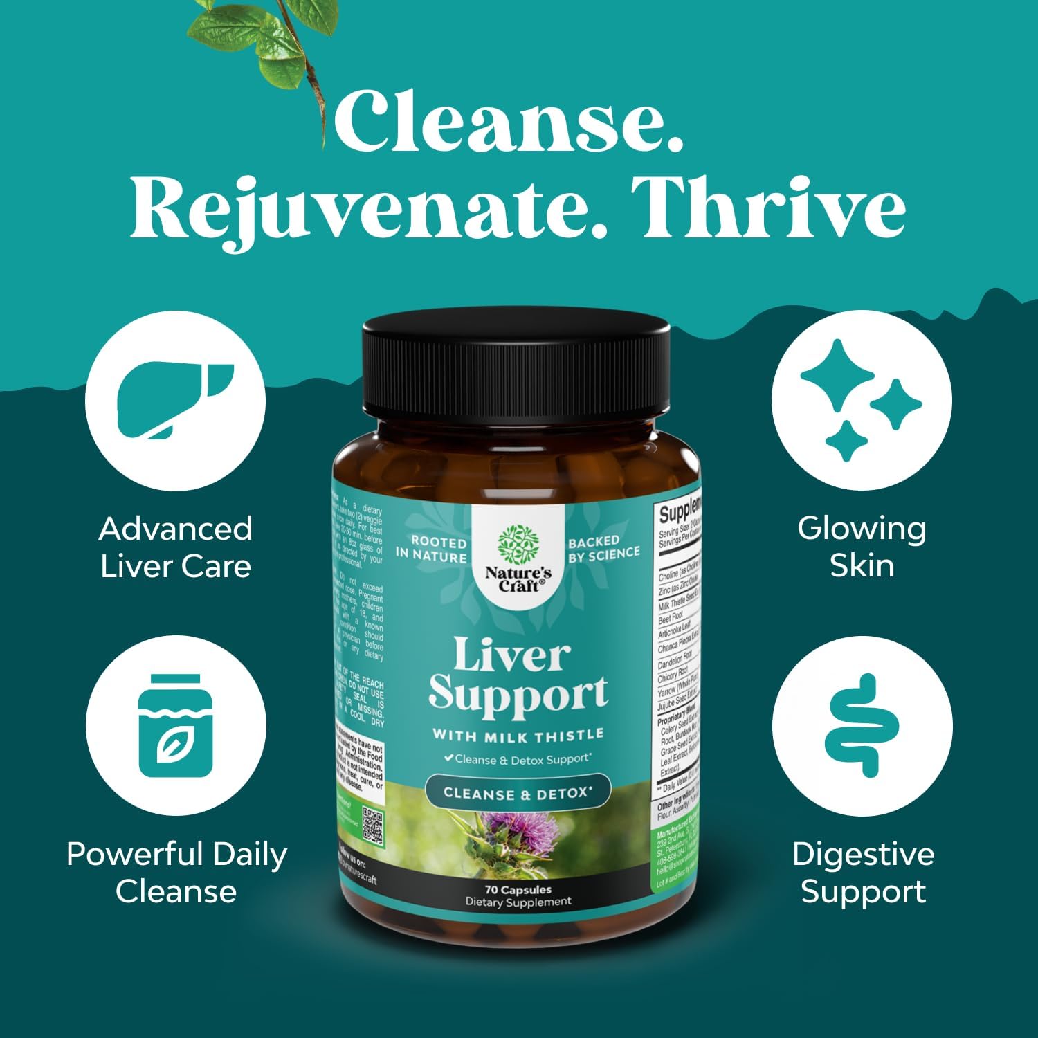 Liver Cleanse Detox & Repair - Milk Thistle Supplement for Digestion & Immune Health - Ginger Root, Choline & Dandelion Root - Herbal Liver Support with Silymarin, Beetroot & Artichoke - 70 Count