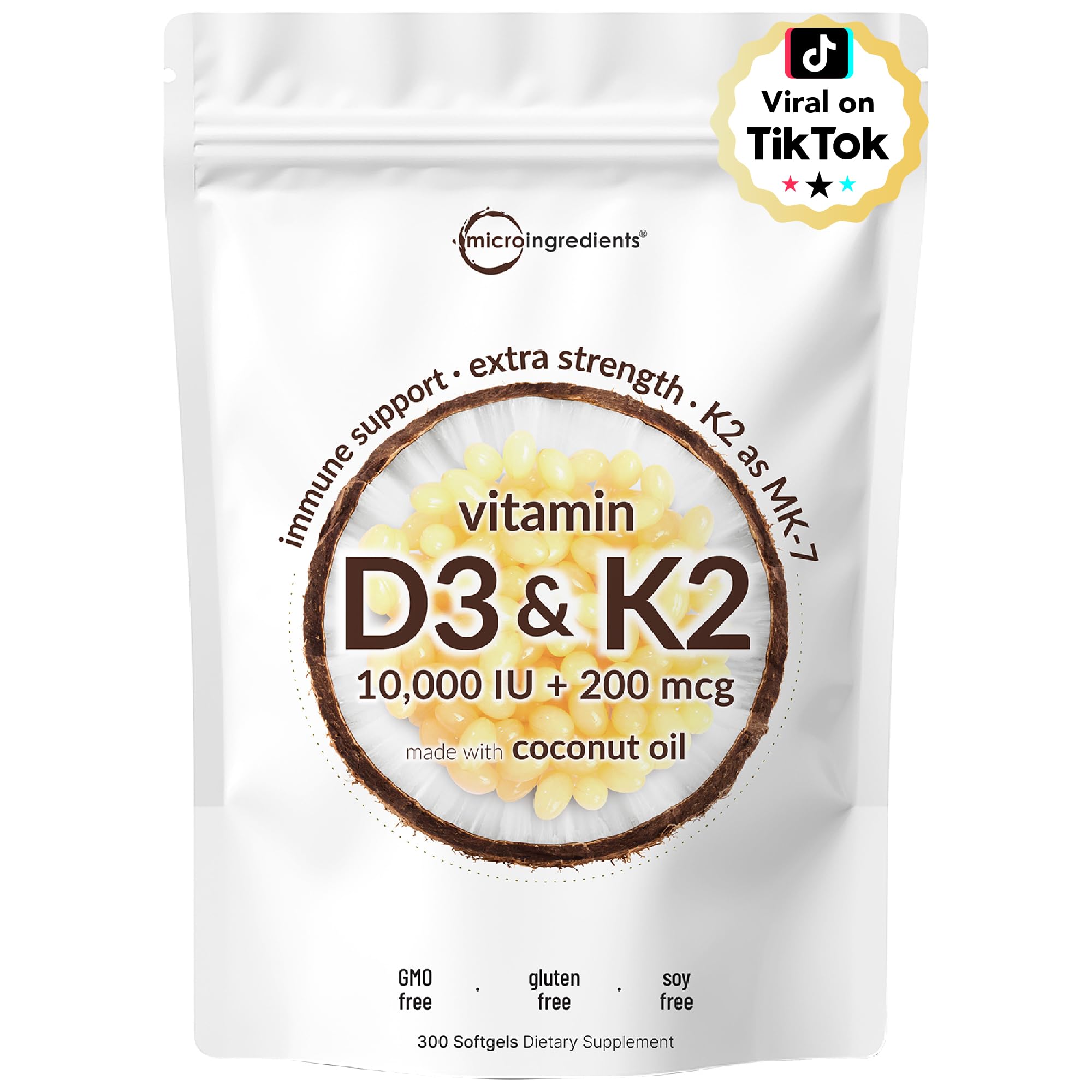 Micro Ingredients Vitamin D3 10,000 IU + K2 MK-7 200 mcg, 300 Softgels with Virgin Coconut Oil | 2-in-1 Vitamins D & K Complex | Extra Strength, Easy to Swallow, Non-GMO, Gluten Free