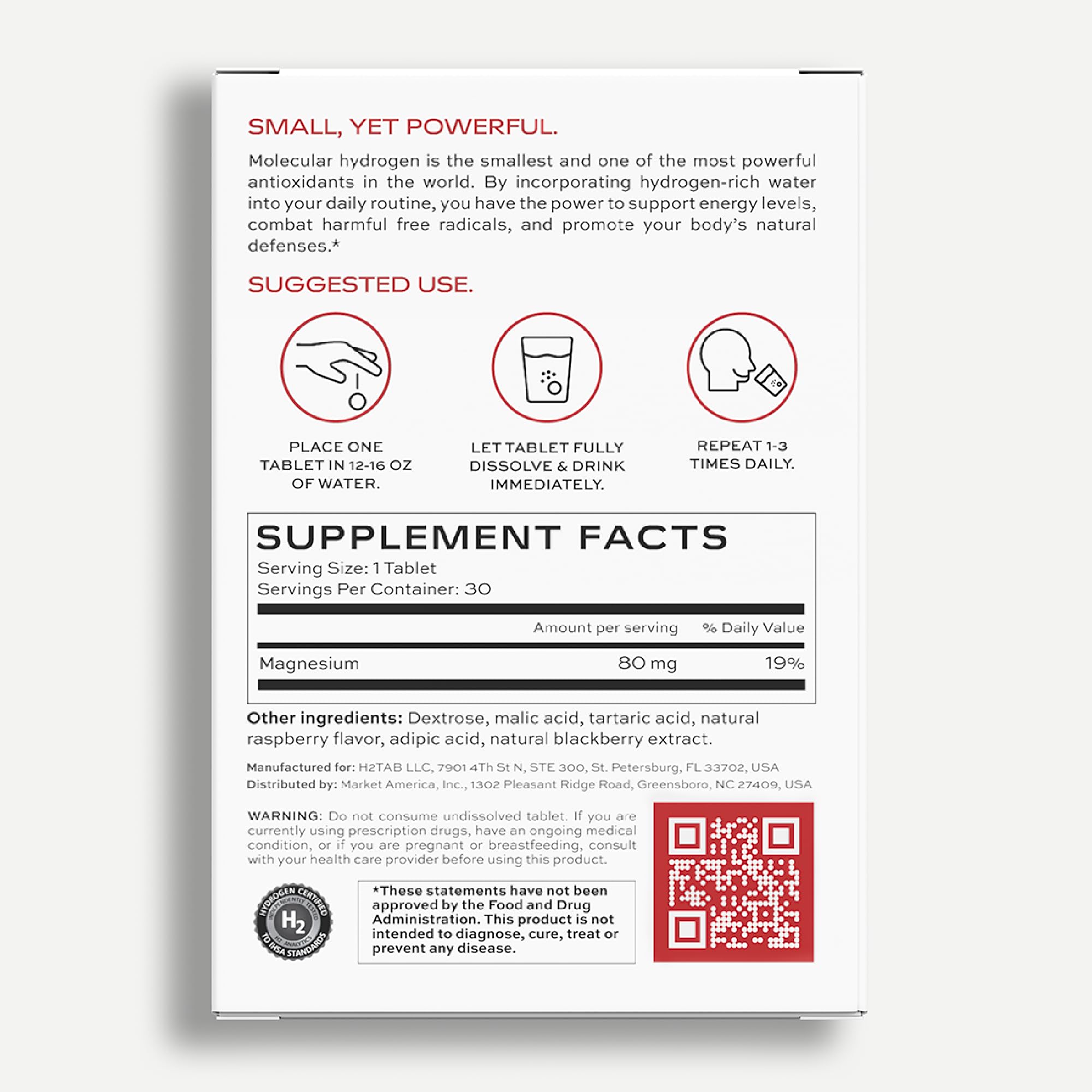 Molecular H2TAB Hydrogen Water Tablets with Magnesium -12 PPM Hydrogen Tablets for Drinking Water -Rich in Antioxidants, Supports Cellular Health, Recovery & Cognitive Function (30 Counts, Raspberry)