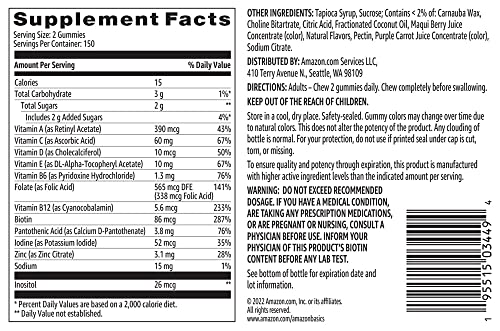 Amazon Basics Adult Multivitamin Gummies, Mixed Berry & Cherry Flavors, 150 Count, 75-Day Supply, Pack of 2 (Previously Solimo)