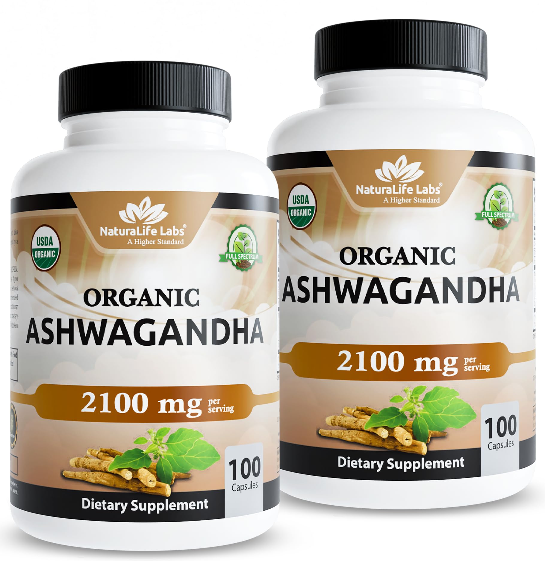 NaturaLife Labs Organic Ashwagandha 2100 mg per Serving – Herbal Supplement Root Powder & Extract – 100 Capsules – Vegan, Non-GMO, Gluten-Free (2 Pack)