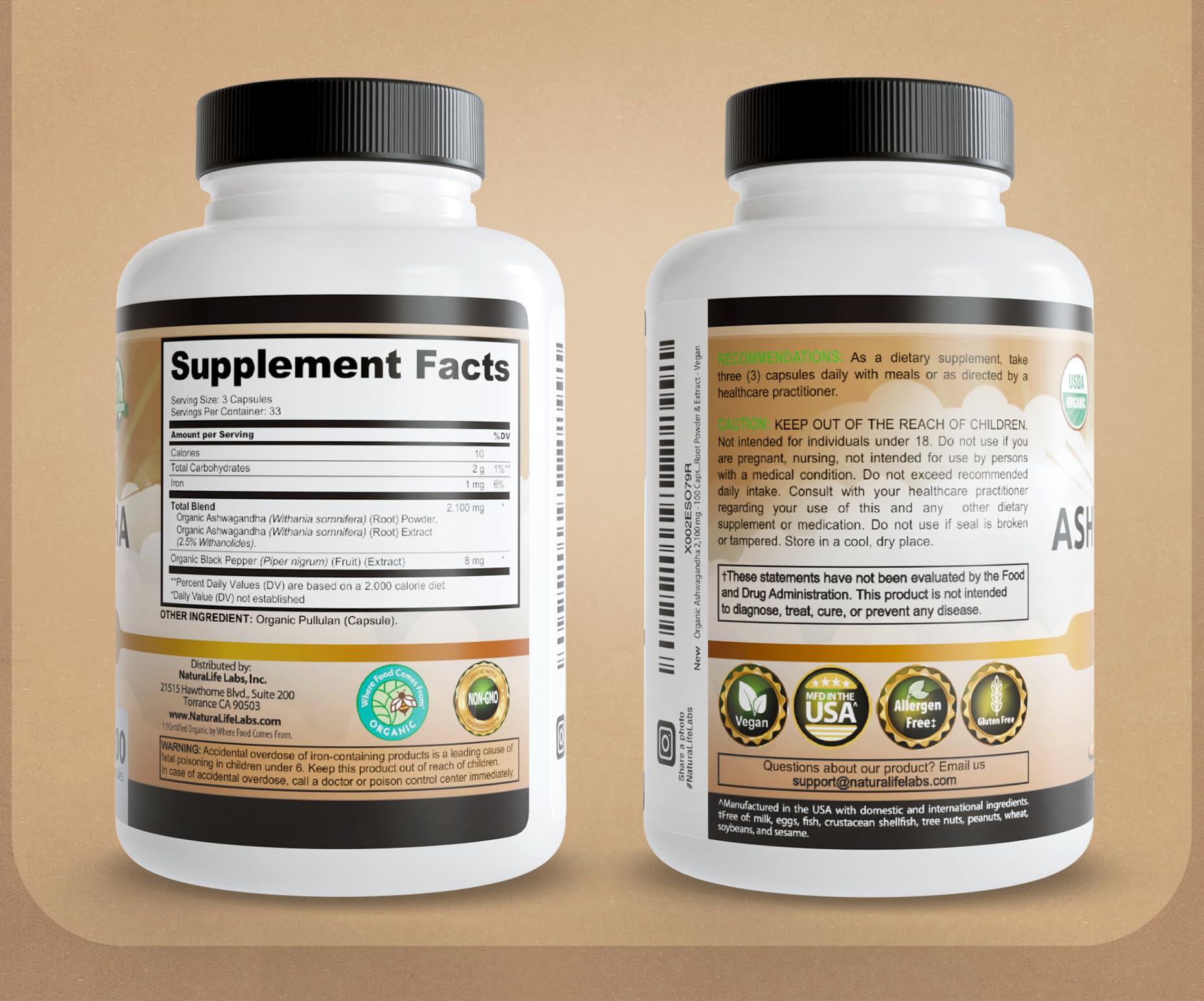 NaturaLife Labs Organic Ashwagandha 2100 mg per Serving – Herbal Supplement Root Powder & Extract – 100 Capsules – Vegan, Non-GMO, Gluten-Free (2 Pack)