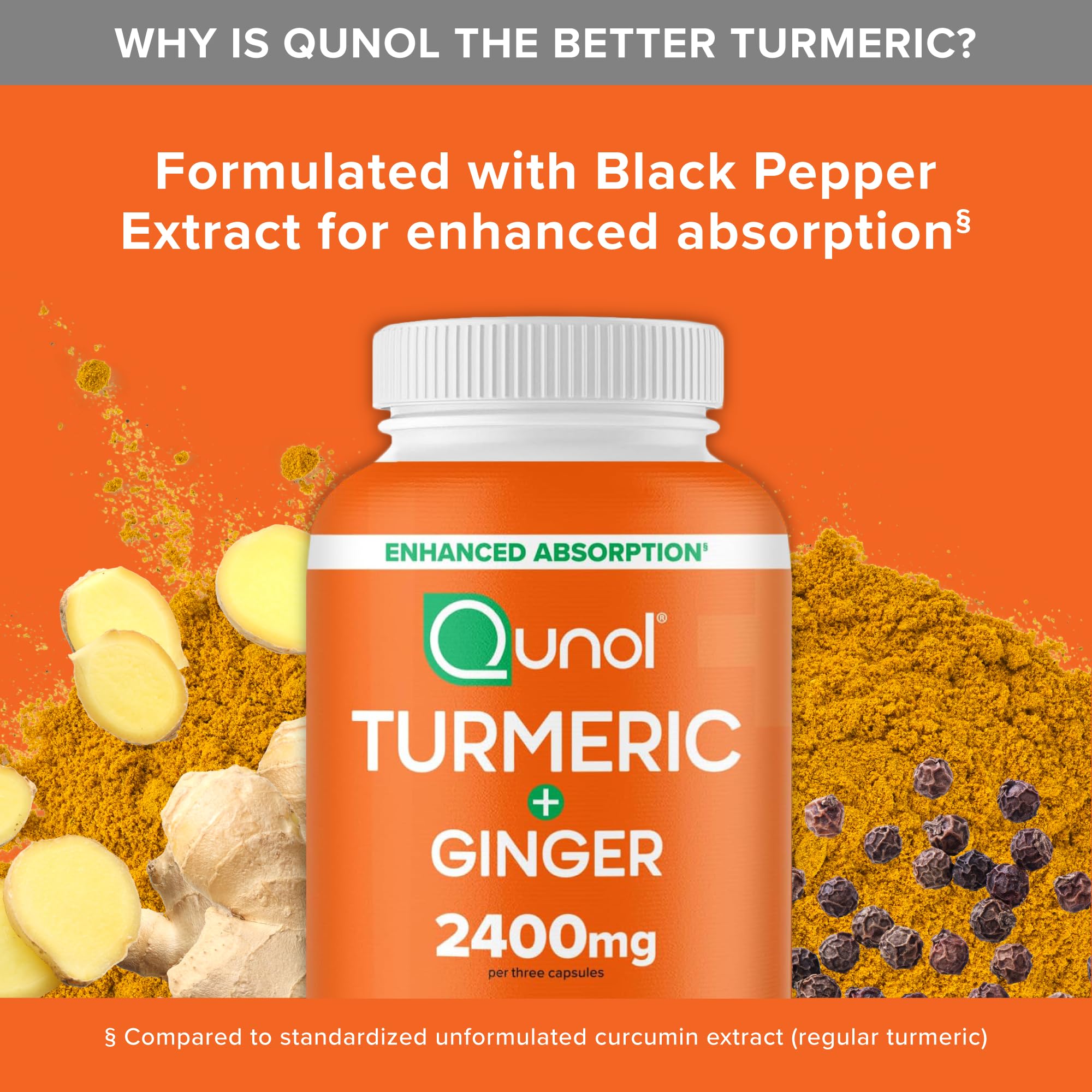 Qunol Turmeric Curcumin with Black Pepper & Ginger, 2400mg Turmeric Extract with 95% Curcuminoids, Extra Strength Supplement, Enhanced Absorption, Joint Support Supplement, 105 Count