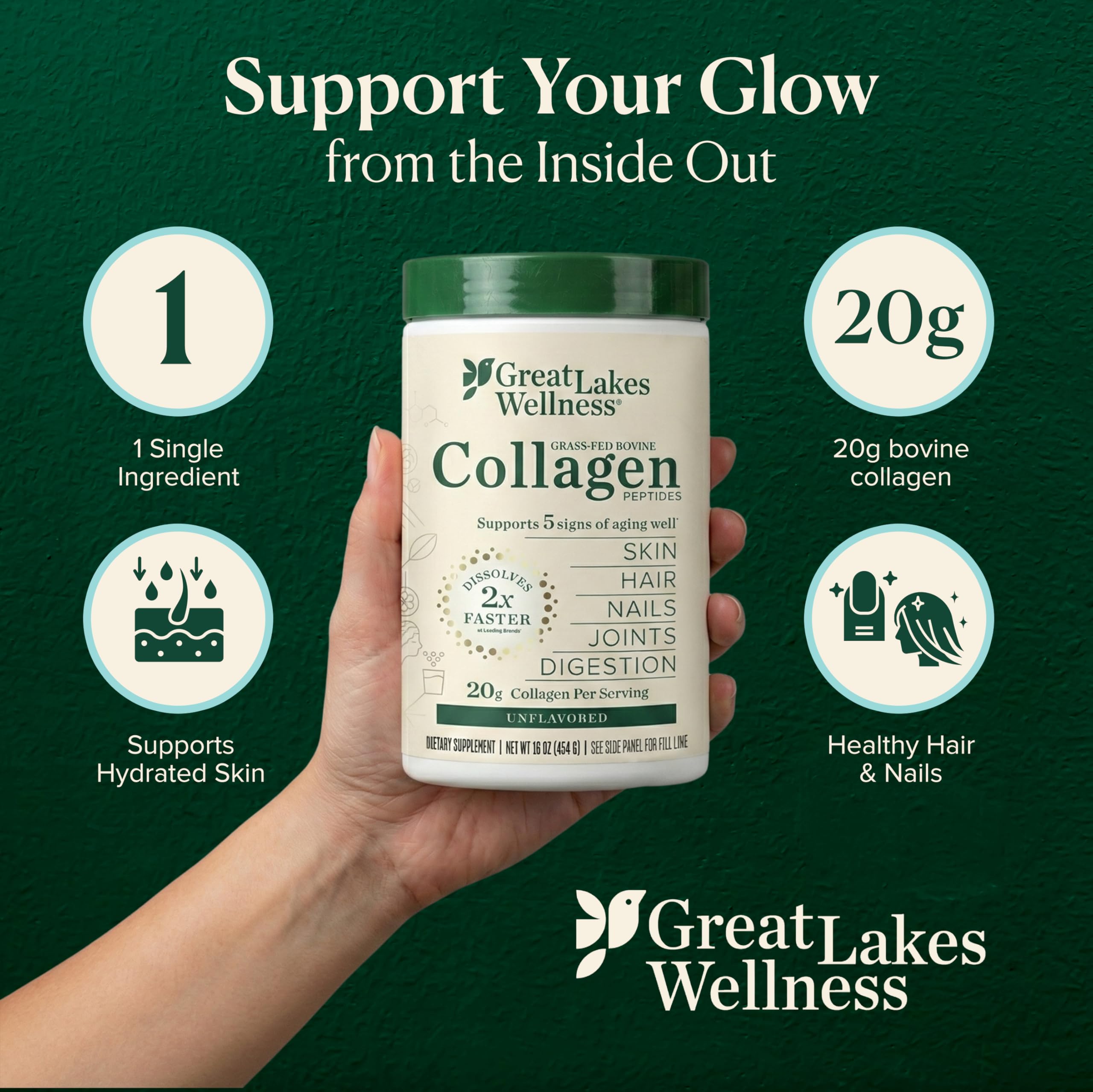Great Lakes Wellness Collagen Peptides Powder for Skin, Hair, Nails, Joints & Digestion - Unflavored - 22 Servings (Pack of 1)