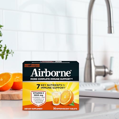 Airborne 1000mg Vitamin C with Vitamin D & Zinc, Sugar Free Multivitamin Immune Support Supplement, Antioxidants Vitamins A C & Vitamin E, 30 Effervescent Tablets, Zesty Orange Flavor