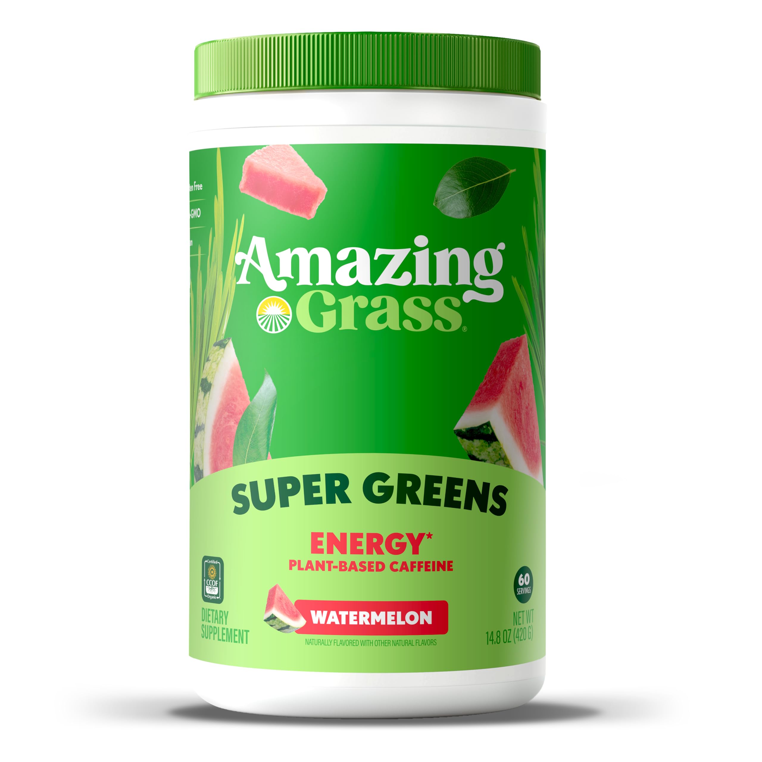 Amazing Grass Green Superfood Energy: Super Greens Powder & Plant Based Smoothie Mix, Caffeine with Matcha Green Tea & Beet Root Powder, Watermelon, 60 Servings (Packaging May Vary)
