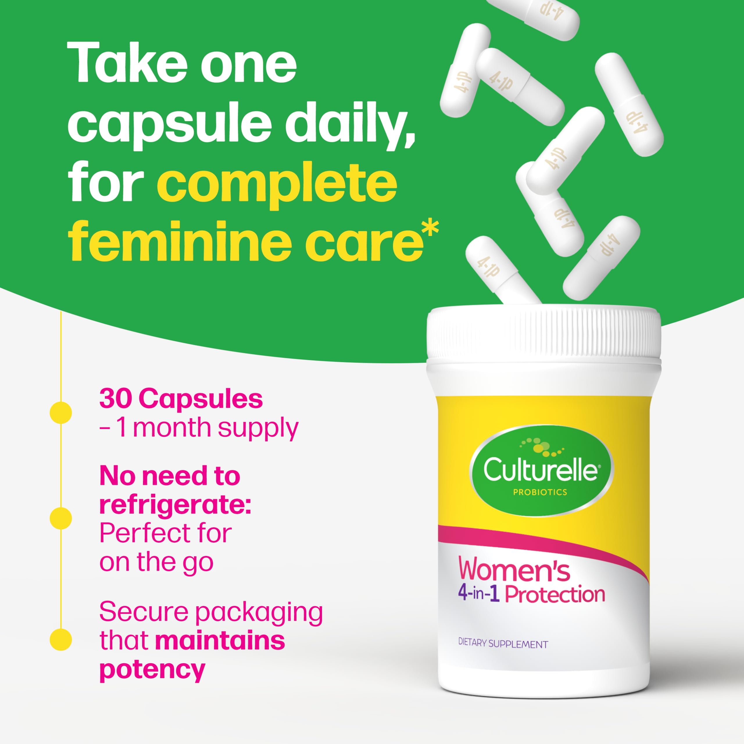 Culturelle 4-in-1 Probiotics for Women, Daily Probiotic & Prebiotic Supplement to Support Vaginal Health, Digestive Health, Immune Health, Occasional Diarrhea, Gas & Bloating Relief, Non-GMO, 30 Count