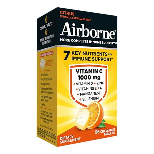 Airborne Vitamin C 1000mg (per Serving) - Citrus Chewable Tablets (96 Count in a Box) - Packaging May Vary