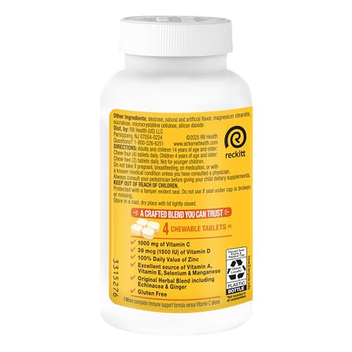 Airborne Vitamin C 1000mg (per Serving) - Citrus Chewable Tablets (96 Count in a Box) - Packaging May Vary