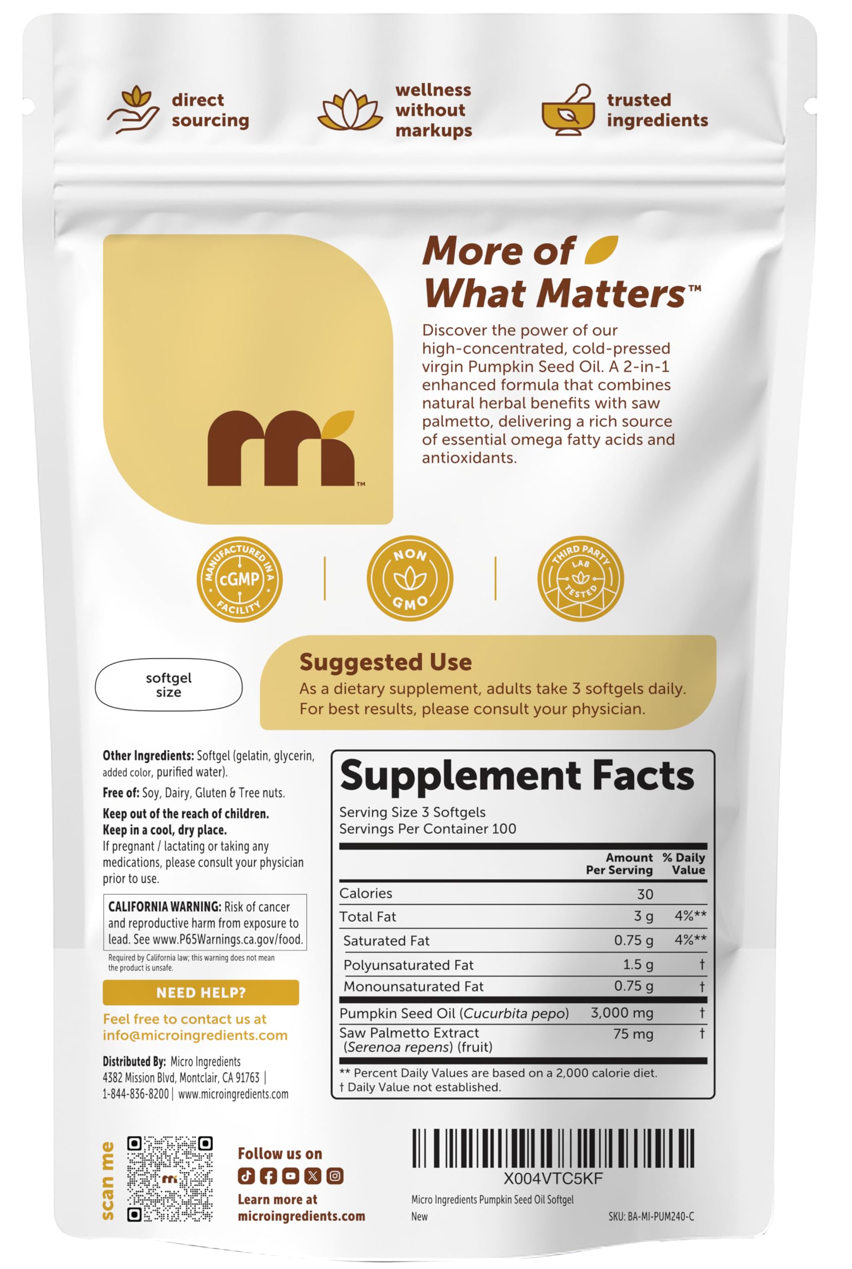 Micro Ingredients Pumpkin Seed Oil with Saw Palmetto,300 Softgels | Cold Pressed, Pure Virgin Oil, Essential Fatty Acids, & Phytosterols | Non-GMO