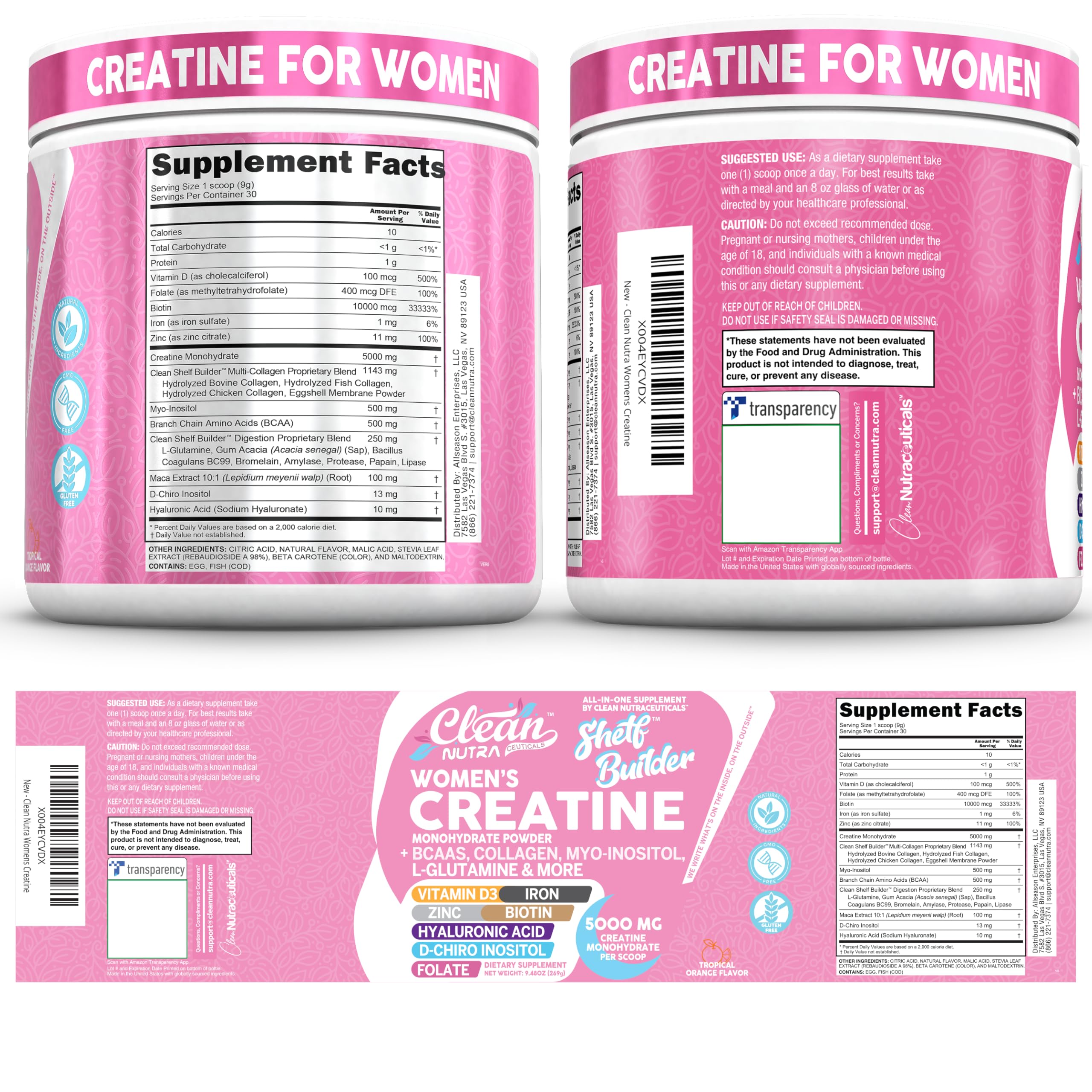 Creatine for Women | Creatine Monohydrate + BCAA Powder Myo-Inositol Collagen Biotin Hyaluronic Acid Folate L Glutamine Vitamin D3 Iron Zinc D-Chiro-Maca Digestion Shelf Builder by Clean Nutra