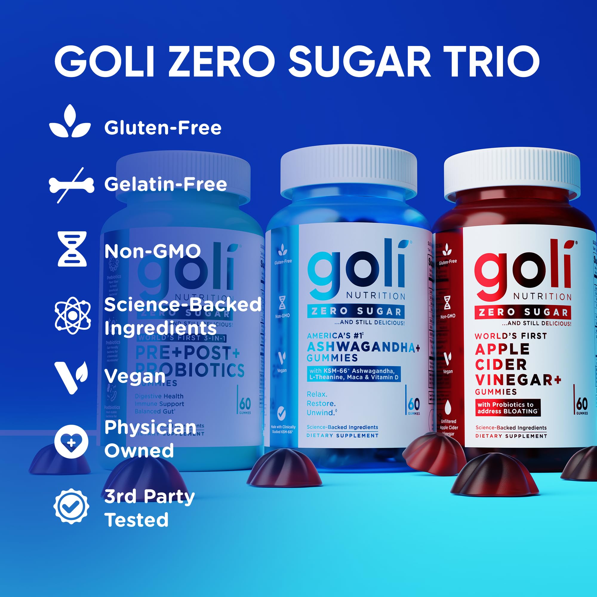 Goli Zero Sugar Trio - World's First 3-in-1 Pre, Post, Probiotic, Apple Cider Vinegar with Vitamin B12 and Probiotics, Ashwagandha & L-Theanine, Vitamin D Gummies