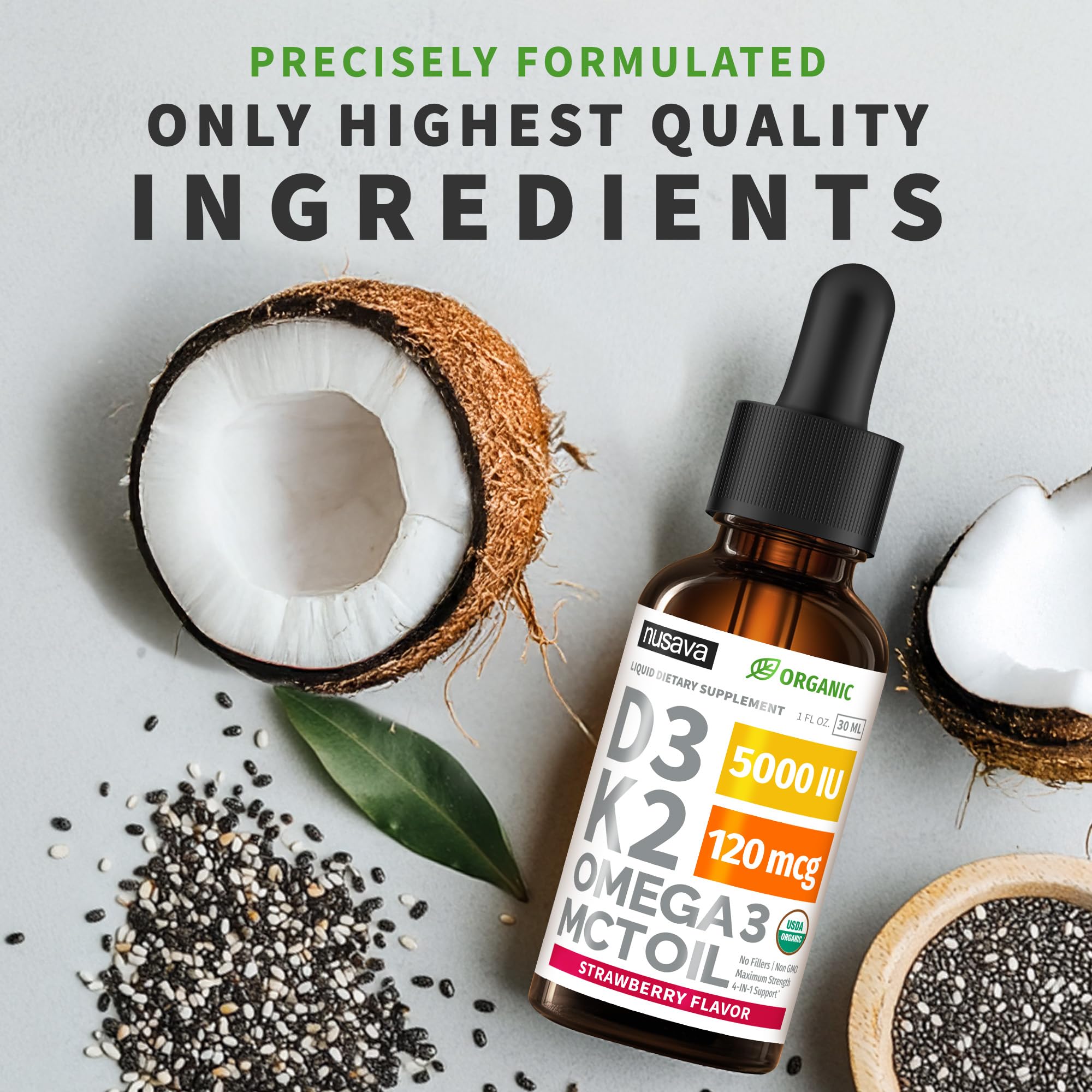 (2 Pack) Organic Vitamin D3 K2 Drops 5000 IU with MCT Oil Omega 3 - Maximum Strength Liquid D3 with No Fillers, Non-GMO for Faster Absorption, Immune Support (Strawberry, 2 Fl Oz)