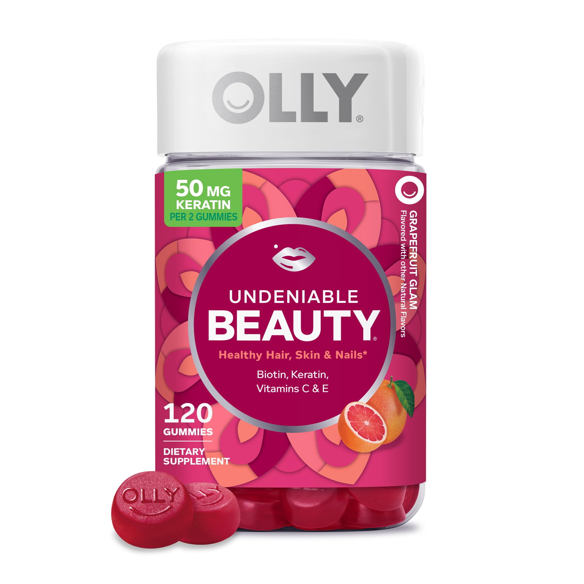 OLLY Undeniable Beauty Gummy, for Healthy Hair, Skin & Nails,* Biotin, Vitamins C & E, Keratin, Chewable Supplement, Grapefruit Flavored, 60 Day Supply - 120 Count