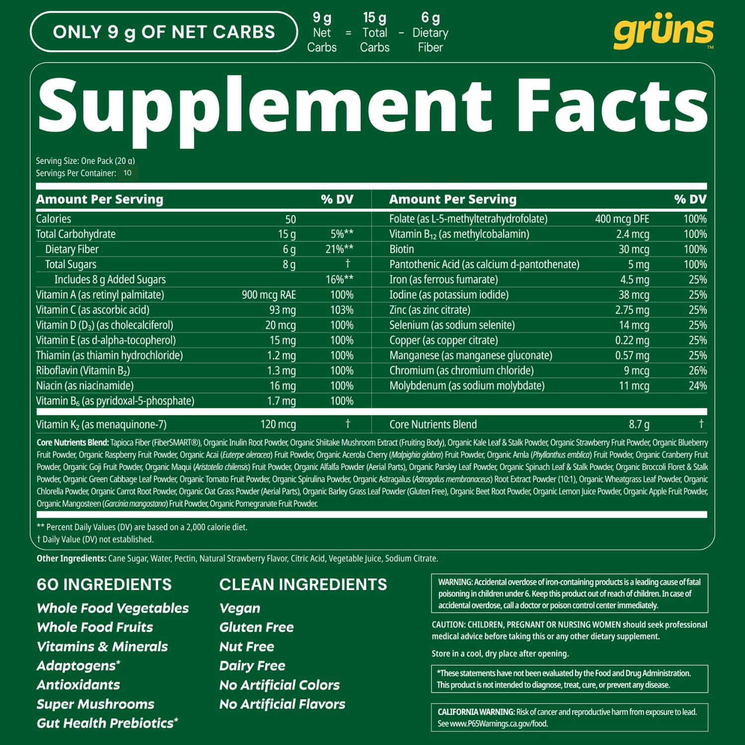 Gruns Adults Super Greens Gummies, Multivitamin Superfood Gummy Bears, Spirulina, Chlorella, Prebiotics & Fiber Gummies for Digestive Health, Adaptogens Supplement, 20 Vitamins & Minerals, 10 Count