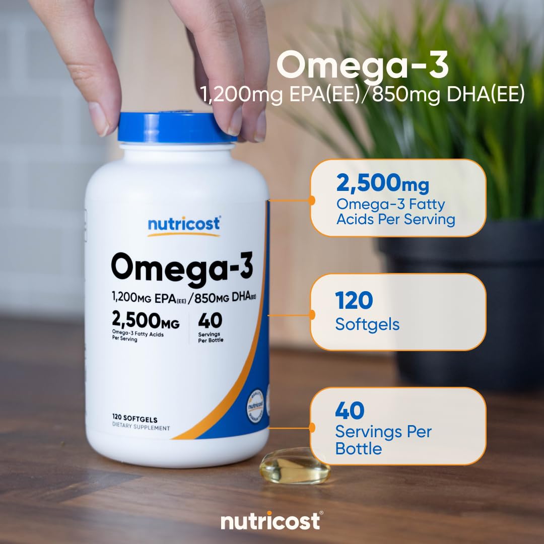 Nutricost Omega 3 Fish Oil - 2500MG, 120 Softgels (40 Serv) - Fish Oil, Wild Caught! 1200mg EPA 850mg DHA - Non-GMO, Gluten Free