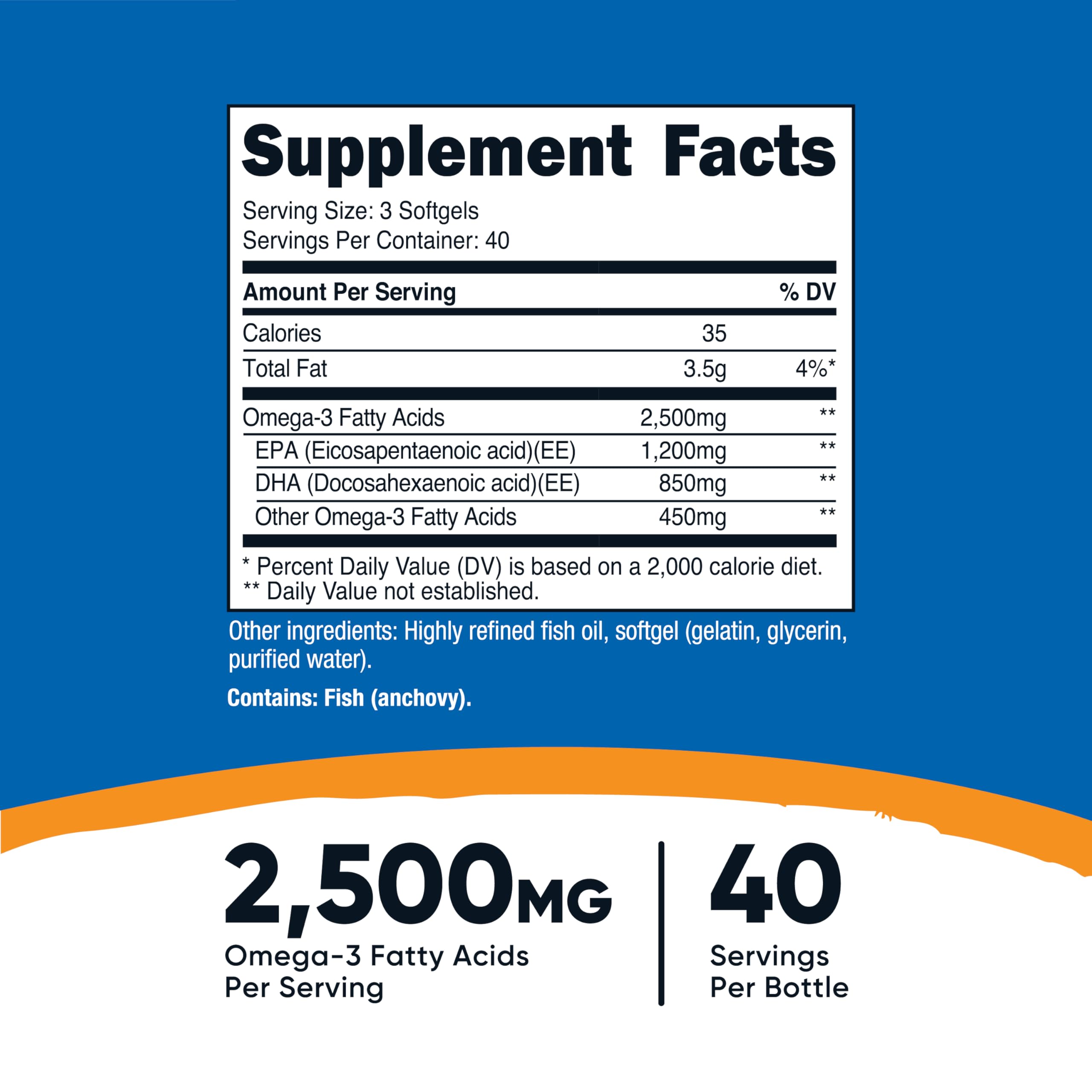 Nutricost Omega 3 Fish Oil - 2500MG, 120 Softgels (40 Serv) - Fish Oil, Wild Caught! 1200mg EPA 850mg DHA - Non-GMO, Gluten Free